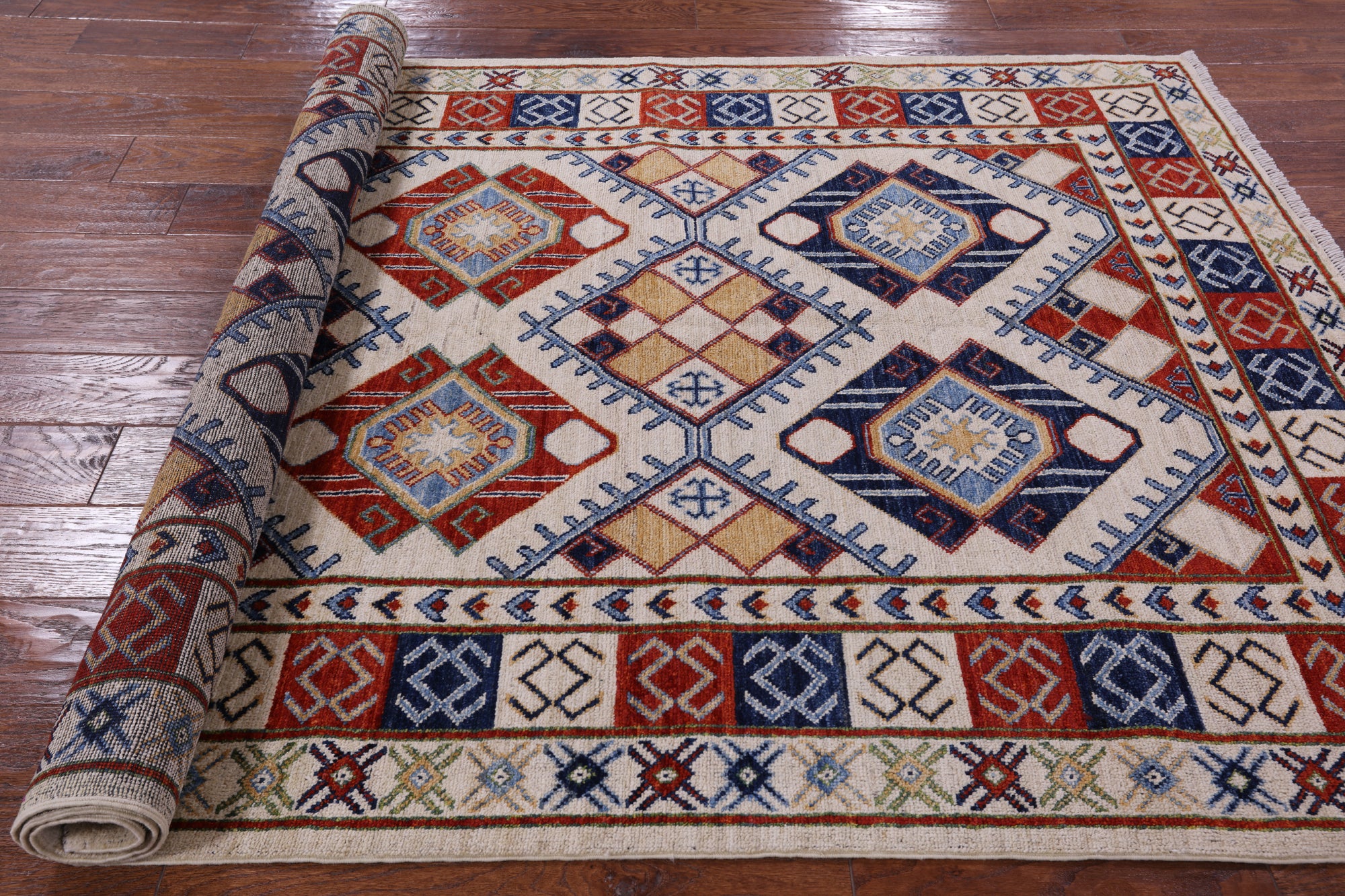 Ivory Super Kazak Hand Knotted Wool Rug - 4' 10" X 7' 6" - Golden Nile