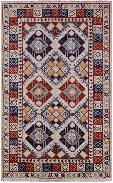 Ivory Super Kazak Hand Knotted Wool Rug - 4' 10" X 7' 6" - Golden Nile