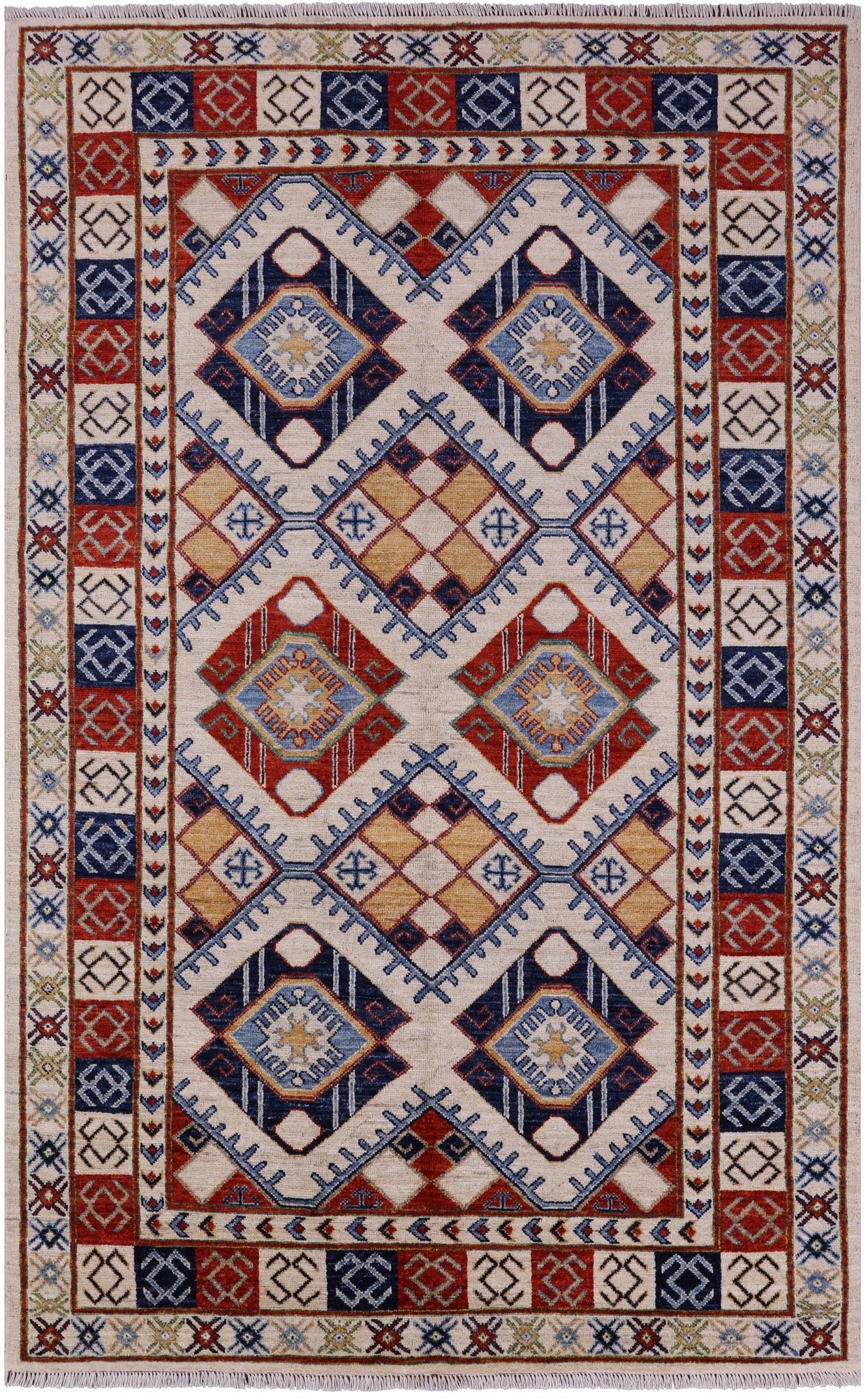 Ivory Super Kazak Hand Knotted Wool Rug - 4' 10" X 7' 6" - Golden Nile