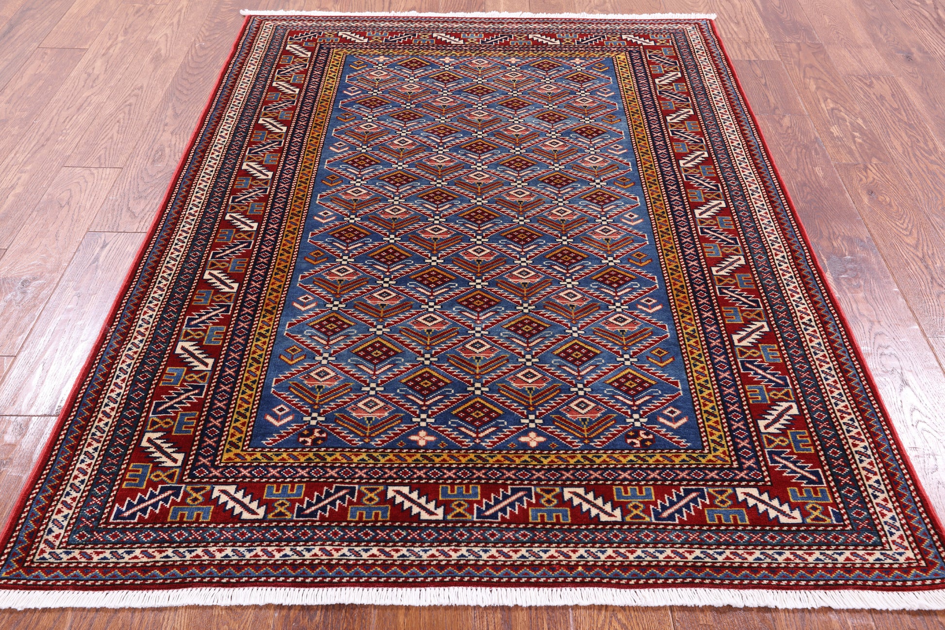 Blue Super Kazak Hand Knotted Wool Rug - 4' 4" X 5' 10" - Golden Nile