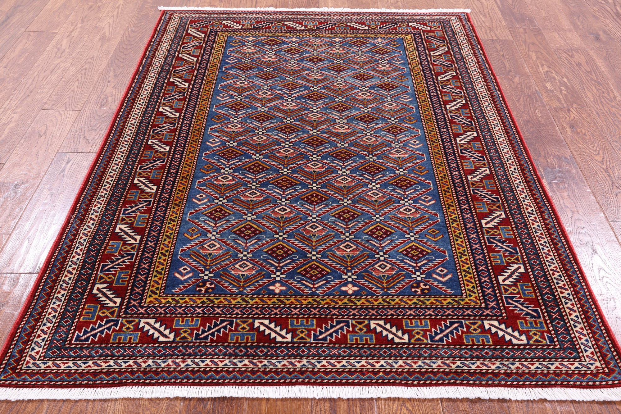 Blue Super Kazak Hand Knotted Wool Rug - 4' 4" X 5' 10" - Golden Nile