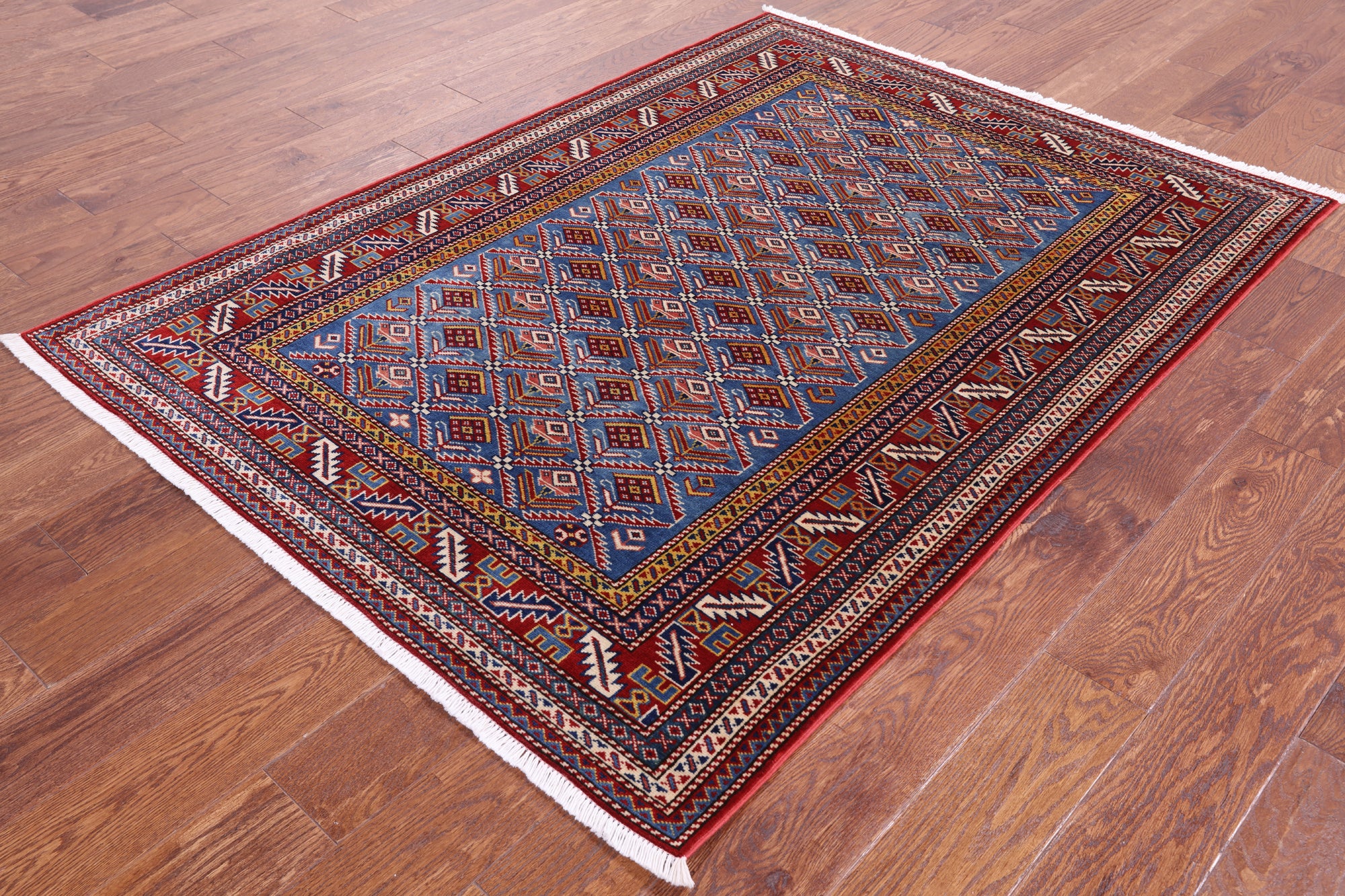 Blue Super Kazak Hand Knotted Wool Rug - 4' 4" X 5' 10" - Golden Nile