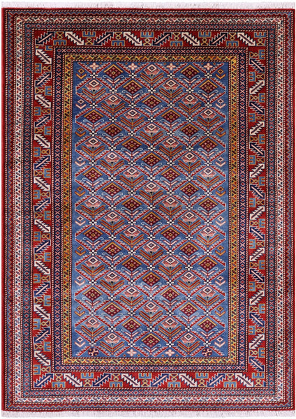 Blue Super Kazak Hand Knotted Wool Rug - 4' 4" X 5' 10" - Golden Nile