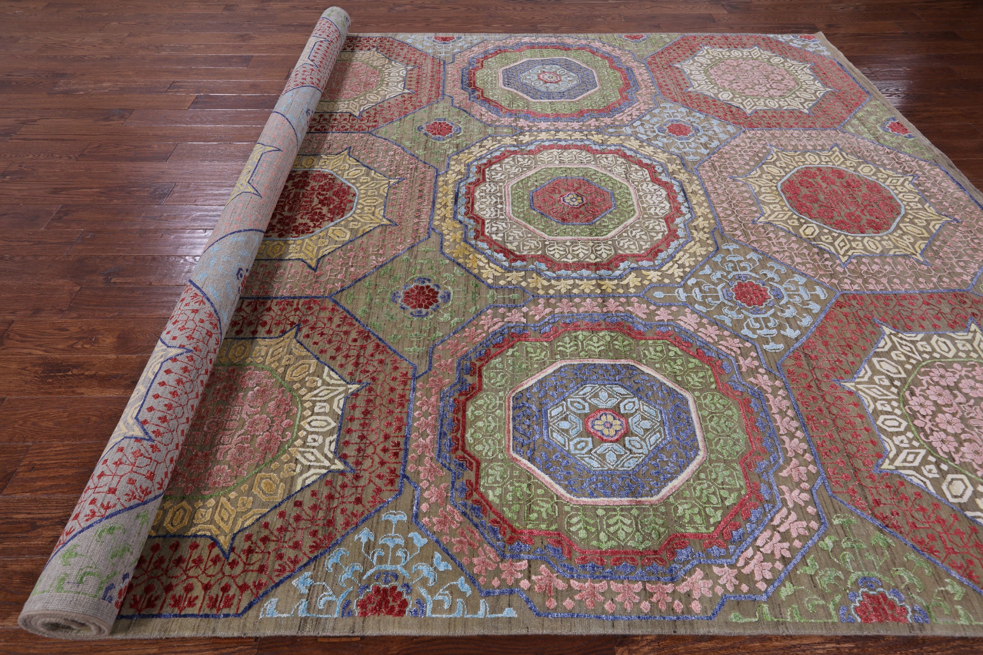 Geometric Persian Mamluk Hand Knotted Wool & Silk Rug - 8' 10" X 12' 0" - Golden Nile