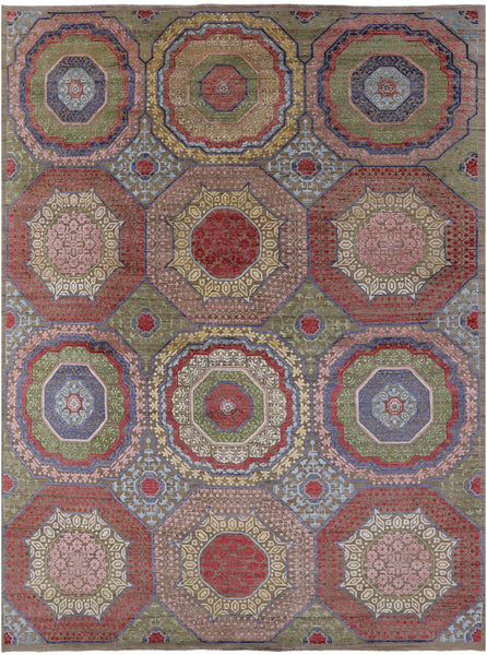 Geometric Persian Mamluk Hand Knotted Wool & Silk Rug - 8' 10" X 12' 0" - Golden Nile