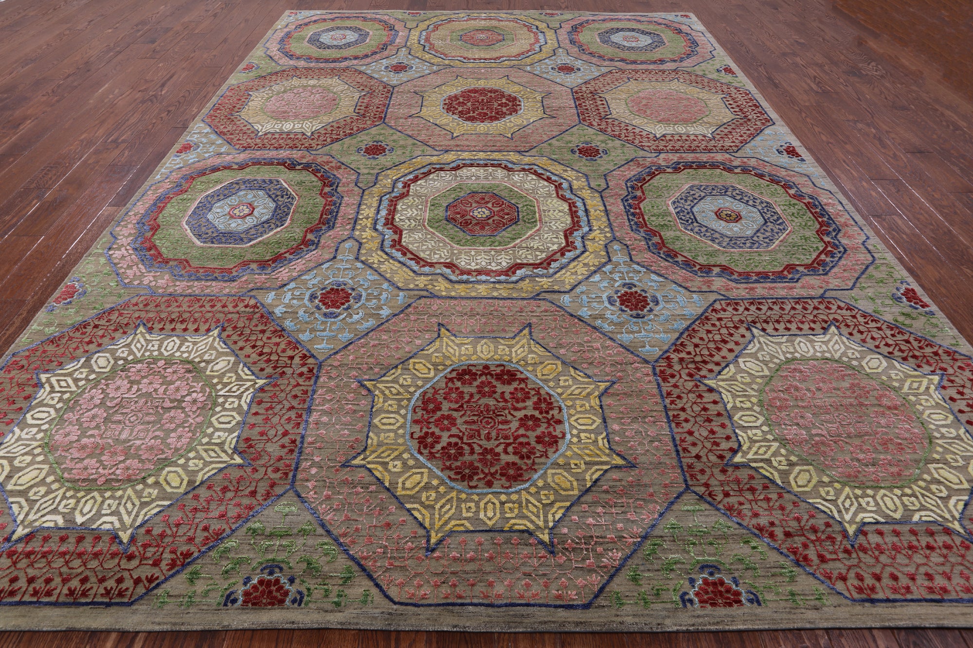 Geometric Persian Mamluk Hand Knotted Wool & Silk Rug - 8' 10" X 12' 0" - Golden Nile