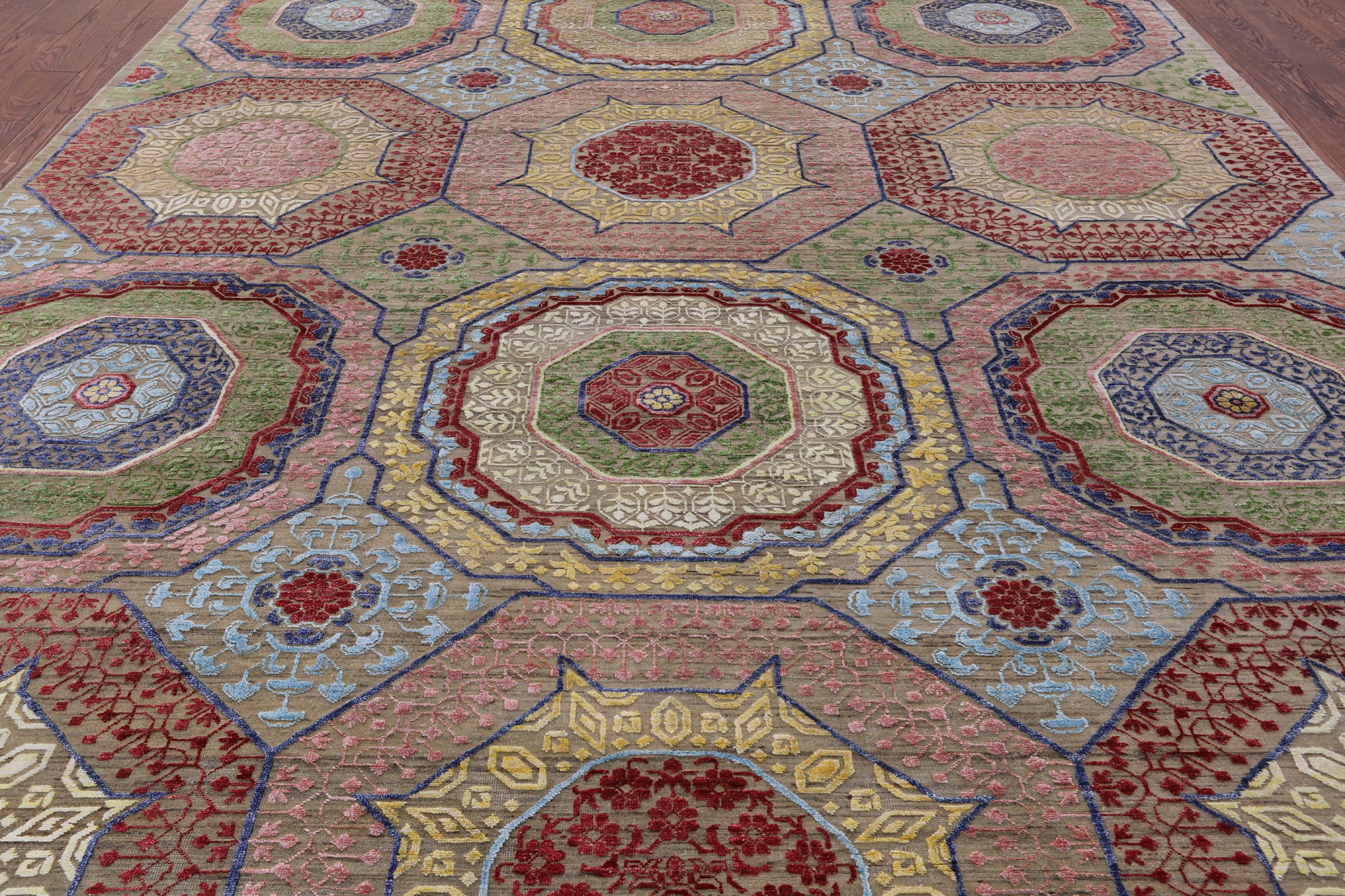 Geometric Persian Mamluk Hand Knotted Wool & Silk Rug - 8' 10" X 12' 0" - Golden Nile