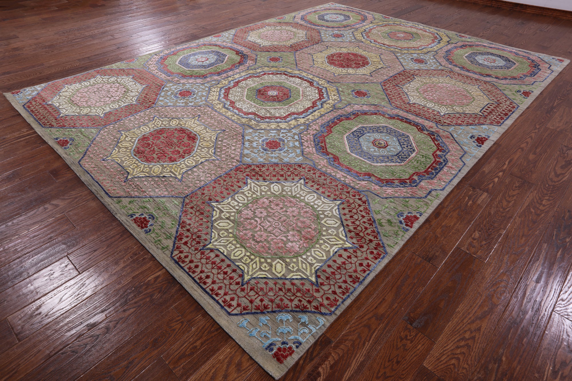 Geometric Persian Mamluk Hand Knotted Wool & Silk Rug - 8' 10" X 12' 0" - Golden Nile