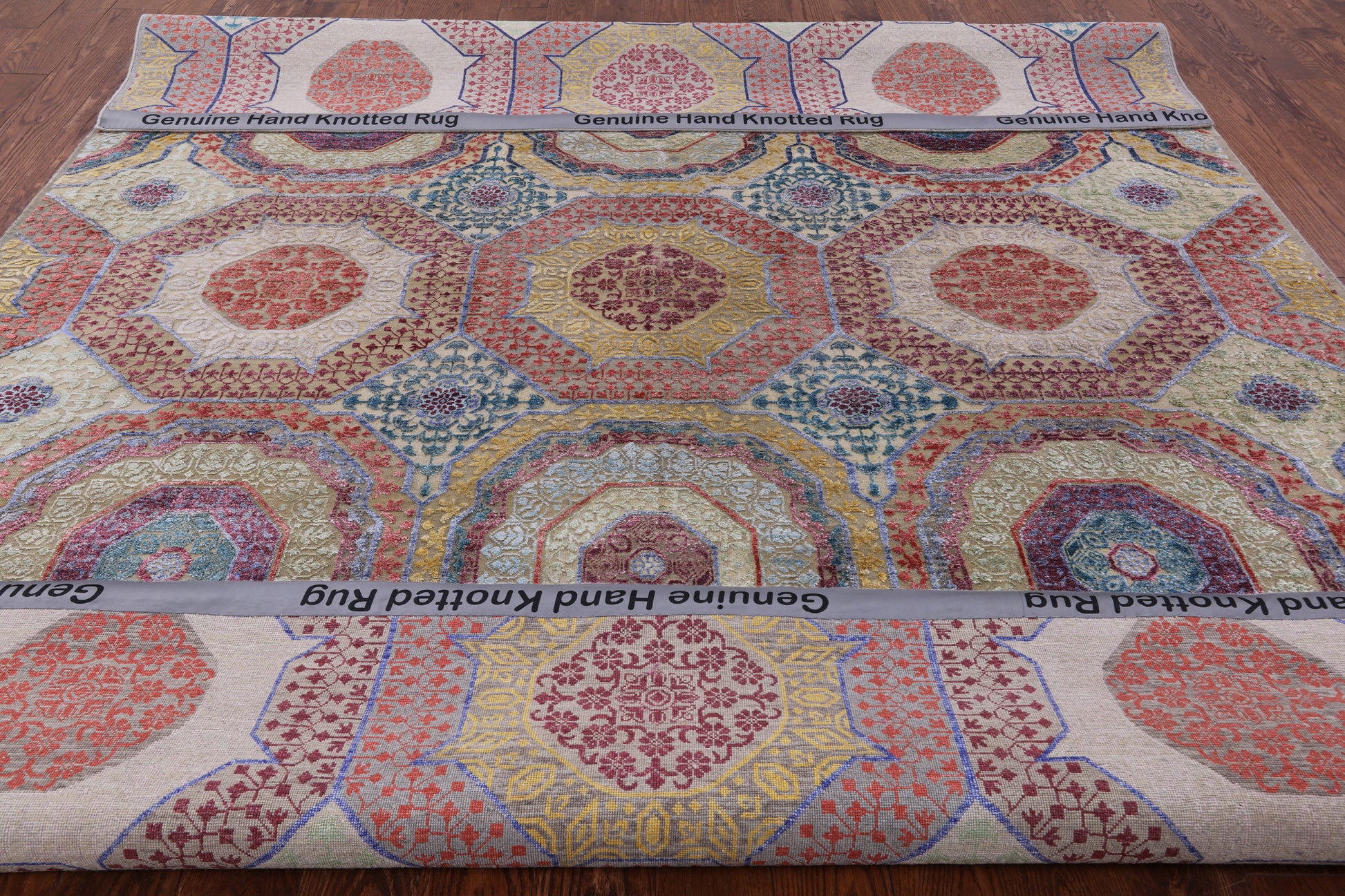 Geometric Persian Mamluk Hand Knotted Wool & Silk Rug - 8' 2" X 10' 1" - Golden Nile