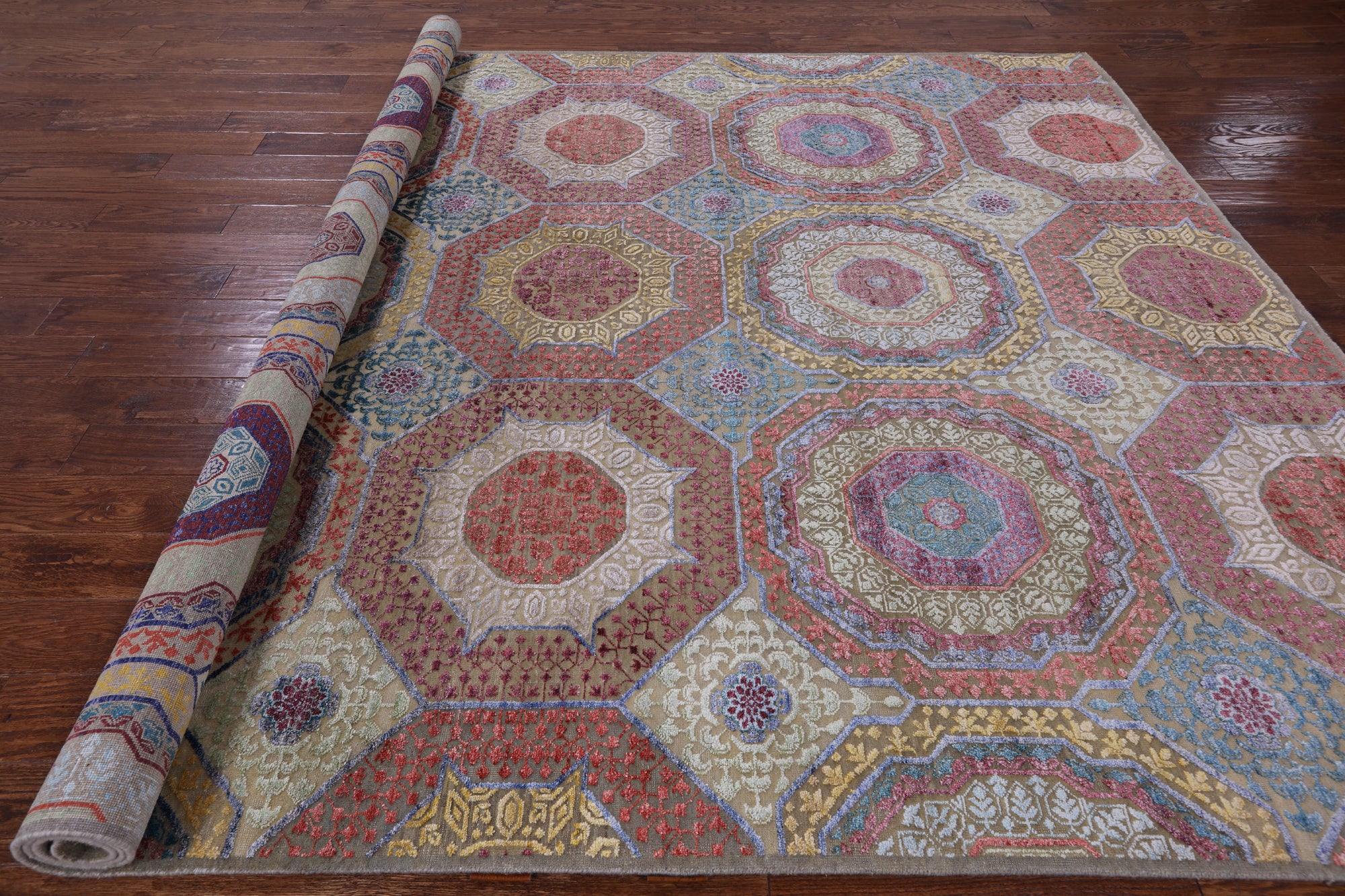 Geometric Persian Mamluk Hand Knotted Wool & Silk Rug - 8' 2" X 10' 1" - Golden Nile