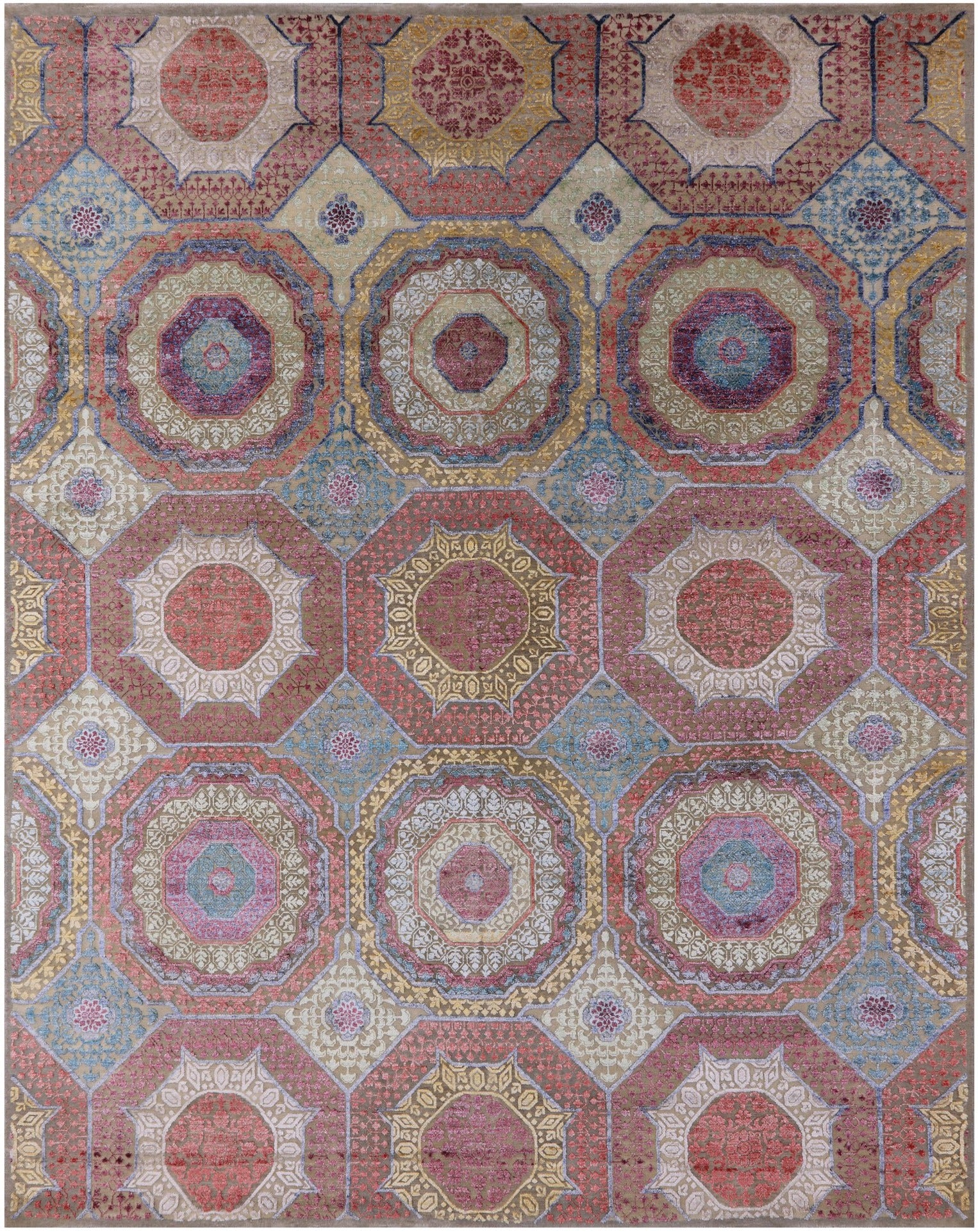 Geometric Persian Mamluk Hand Knotted Wool & Silk Rug - 8' 2" X 10' 1" - Golden Nile
