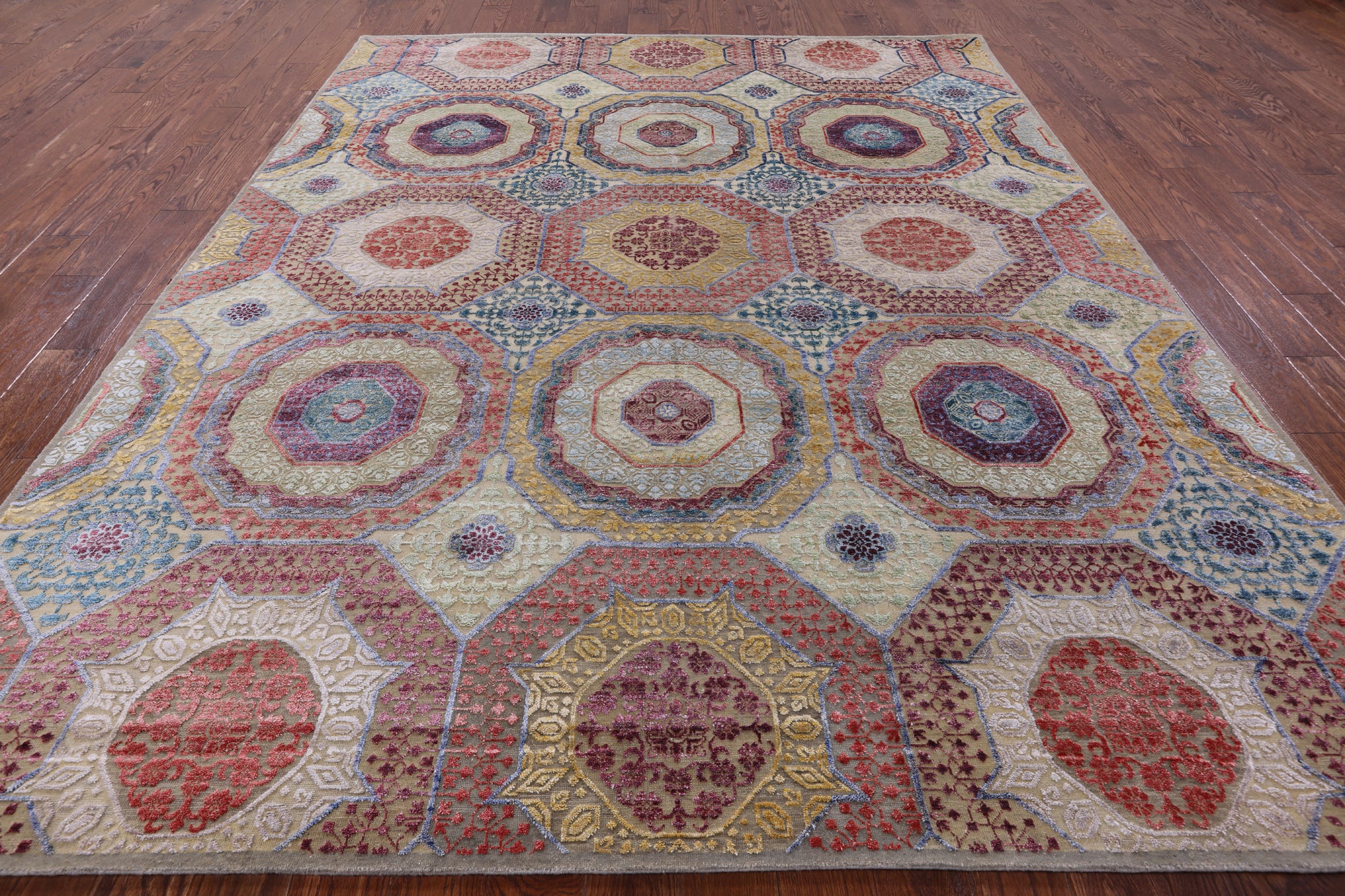 Geometric Persian Mamluk Hand Knotted Wool & Silk Rug - 8' 2" X 10' 1" - Golden Nile