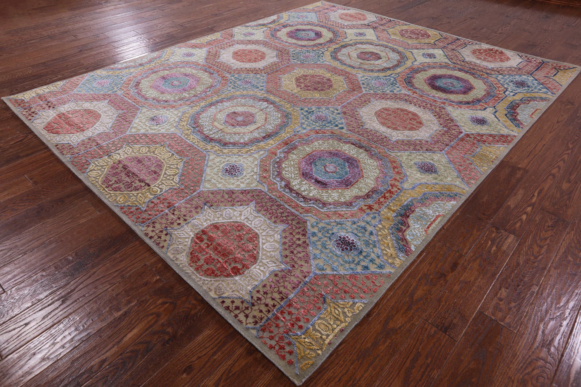Geometric Persian Mamluk Hand Knotted Wool & Silk Rug - 8' 2" X 10' 1" - Golden Nile