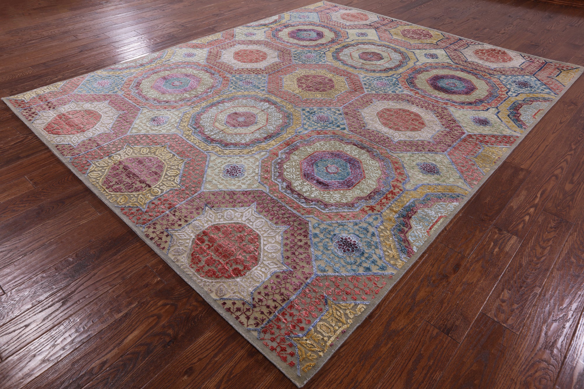 Geometric Persian Mamluk Hand Knotted Wool & Silk Rug - 8' 2" X 10' 1" - Golden Nile