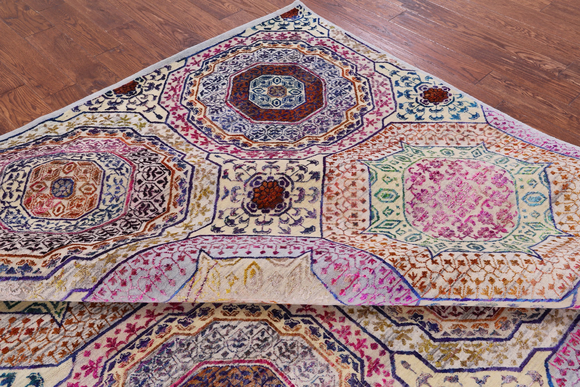 Geometric Persian Mamluk Hand Knotted Wool & Silk Rug - 8' 2" X 9' 9" - Golden Nile