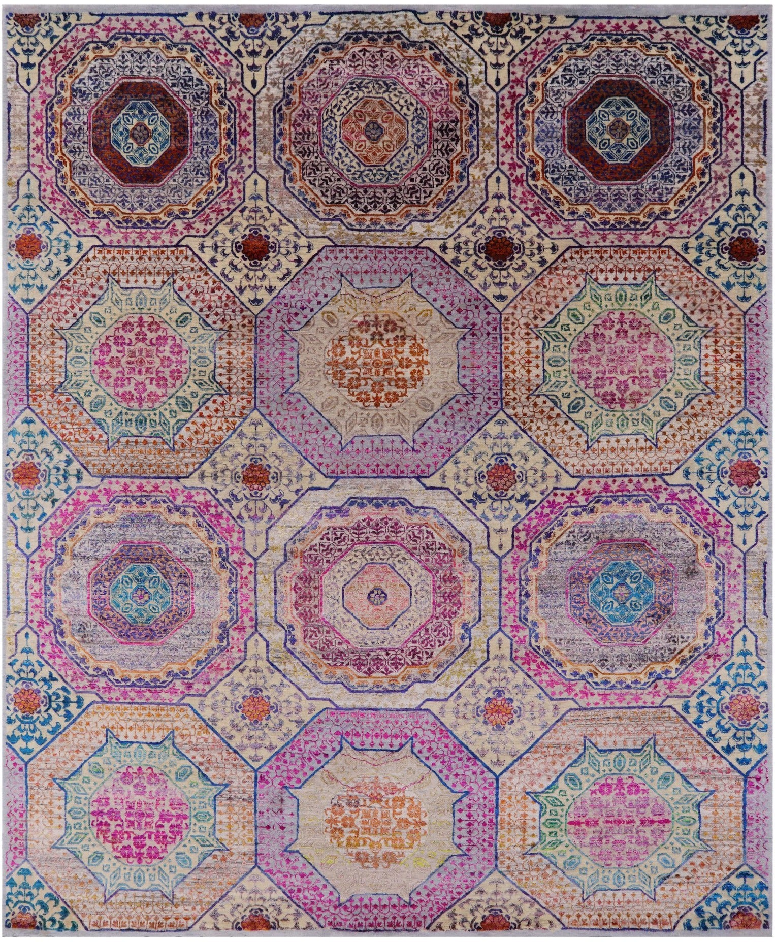 Geometric Persian Mamluk Hand Knotted Wool & Silk Rug - 8' 2" X 9' 9" - Golden Nile