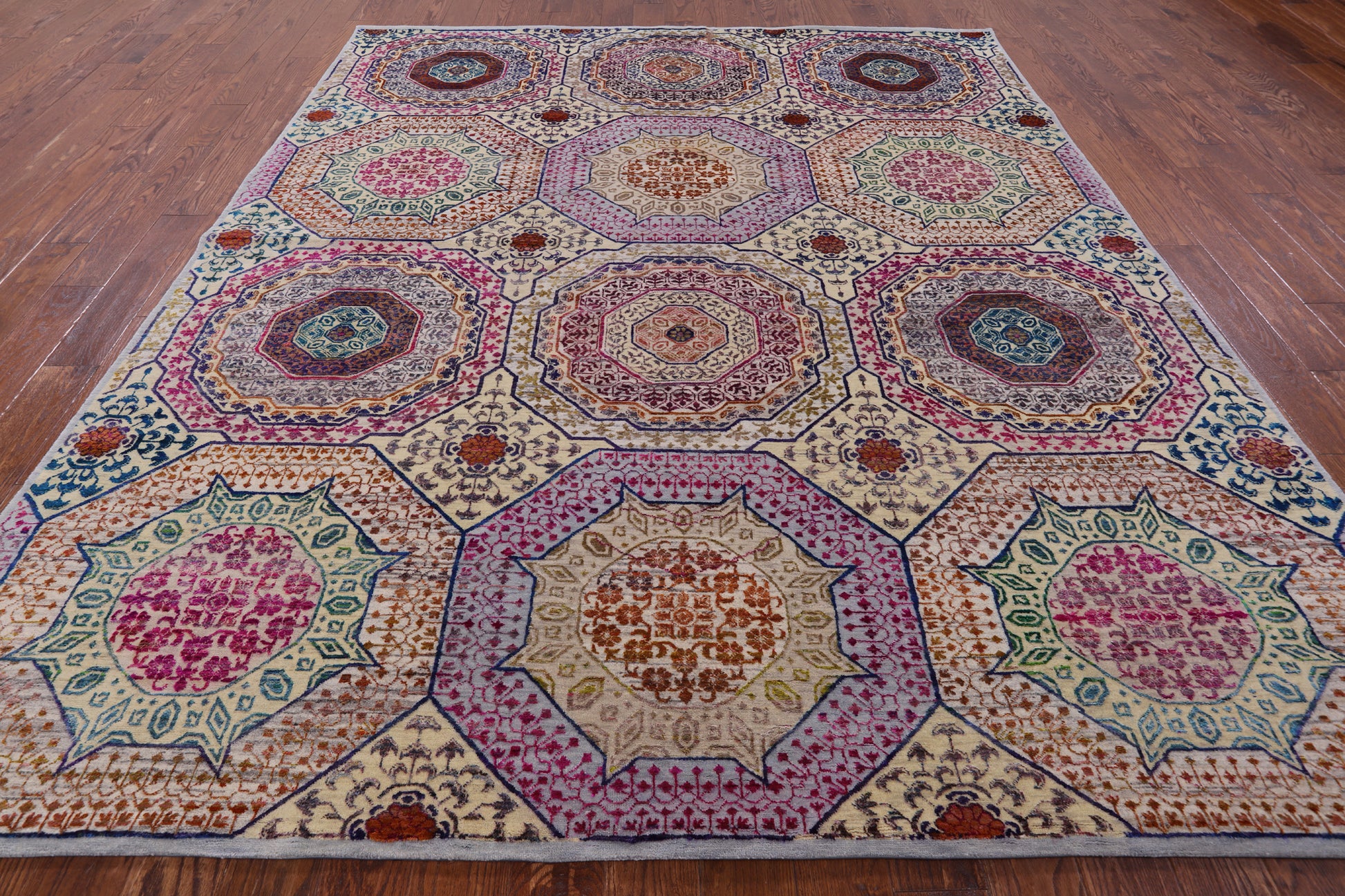 Geometric Persian Mamluk Hand Knotted Wool & Silk Rug - 8' 2" X 9' 9" - Golden Nile