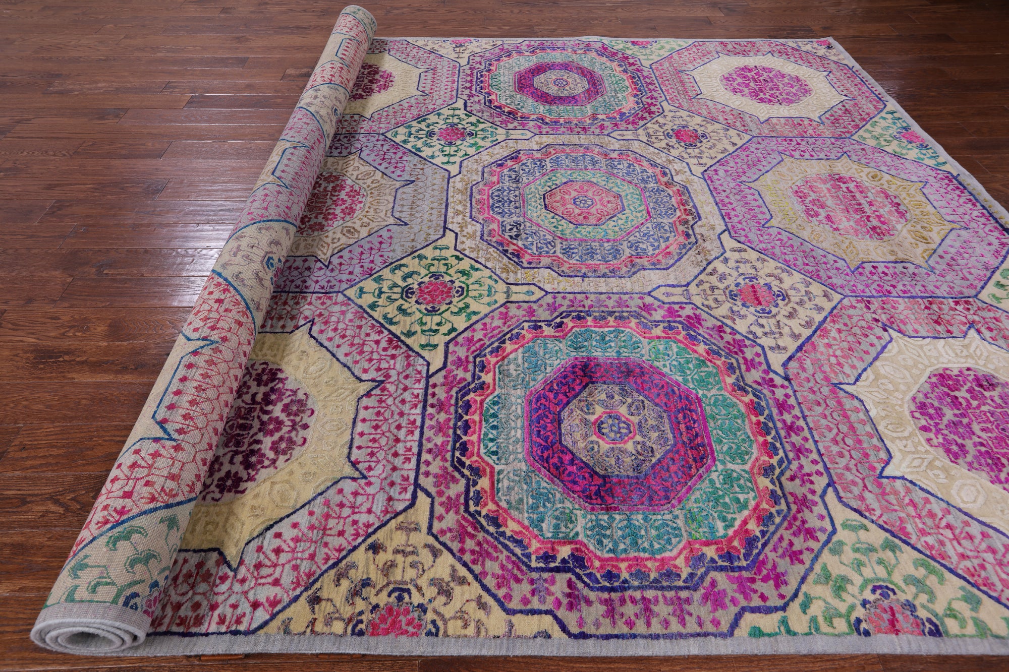 Geometric Persian Mamluk Hand Knotted Wool & Silk Rug - 8' 11" X 11' 11" - Golden Nile