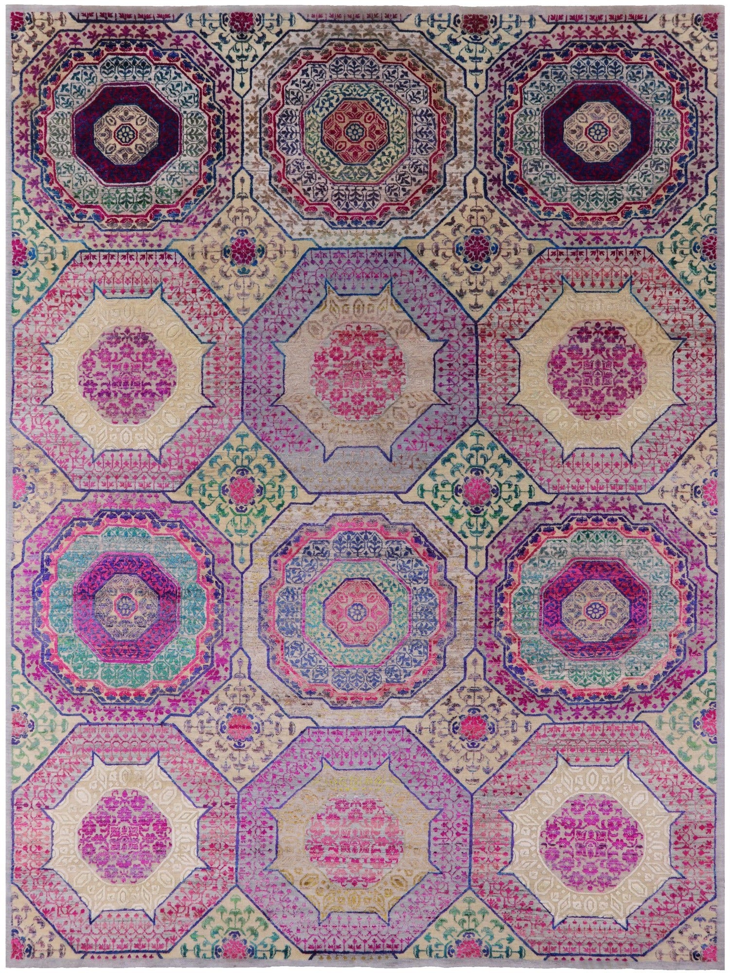 Geometric Persian Mamluk Hand Knotted Wool & Silk Rug - 8' 11" X 11' 11" - Golden Nile