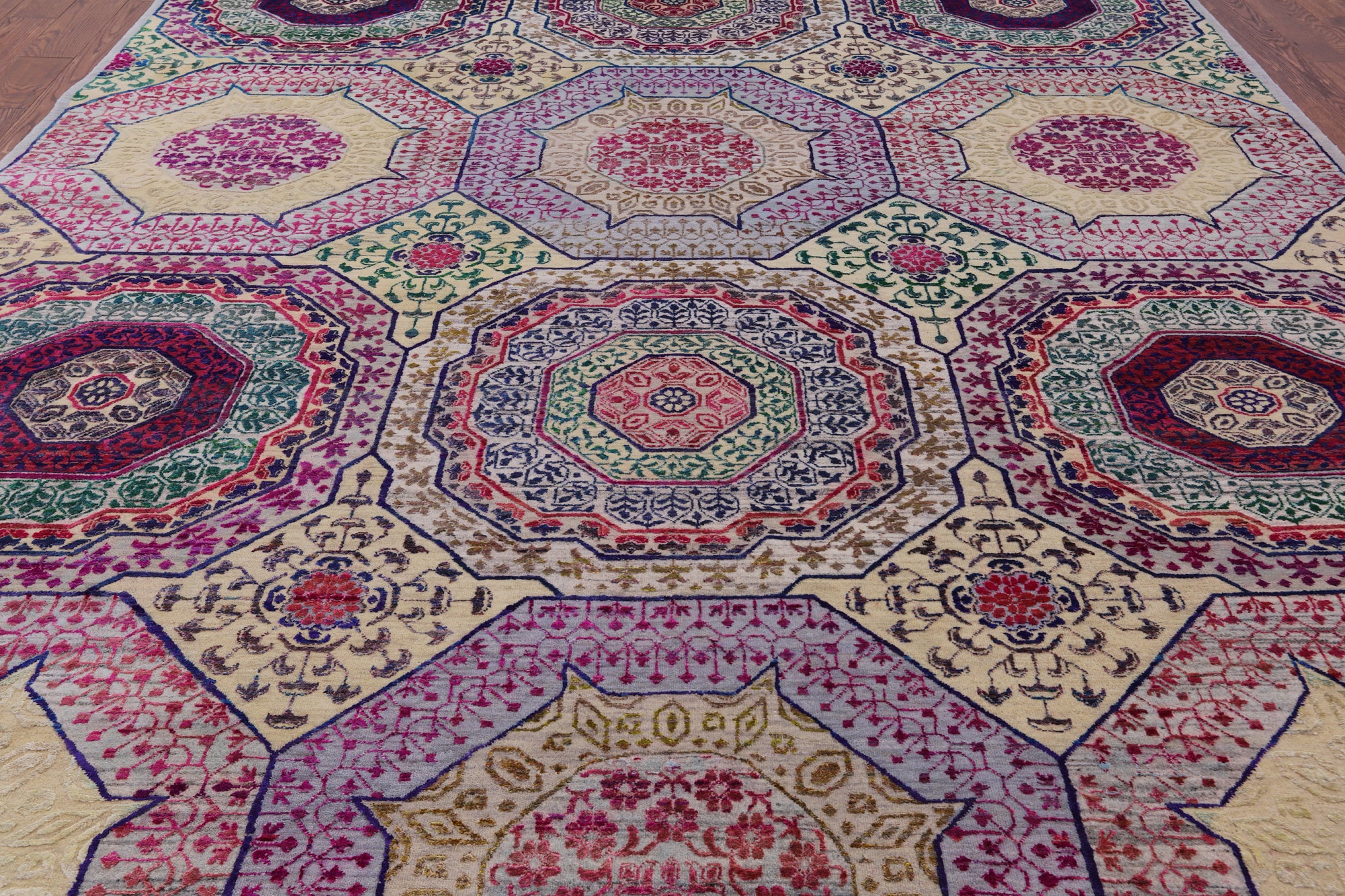 Geometric Persian Mamluk Hand Knotted Wool & Silk Rug - 8' 11" X 11' 11" - Golden Nile
