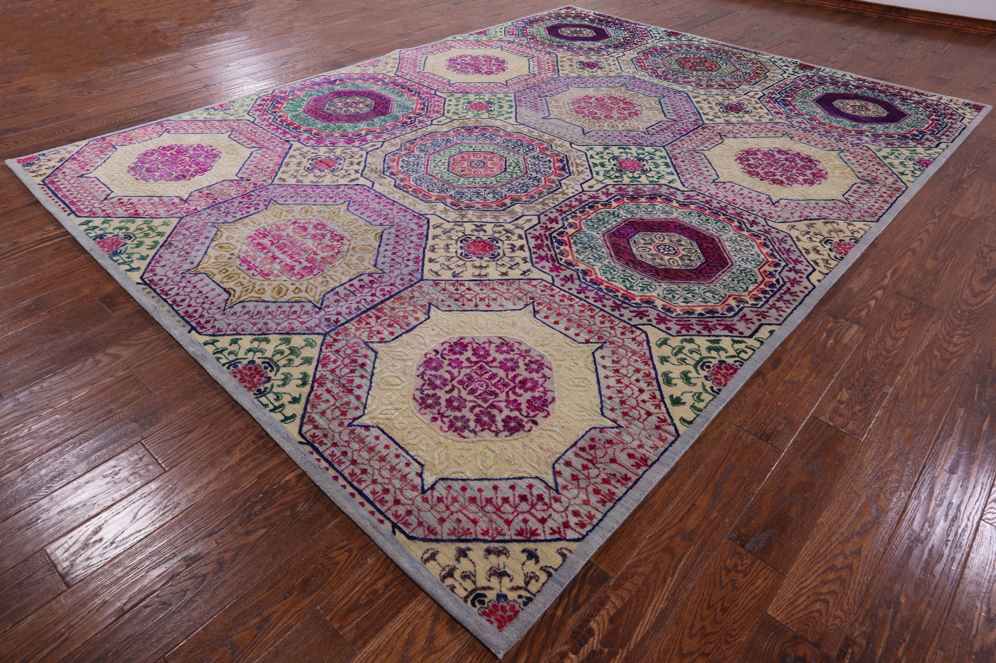 Geometric Persian Mamluk Hand Knotted Wool & Silk Rug - 8' 11" X 11' 11" - Golden Nile