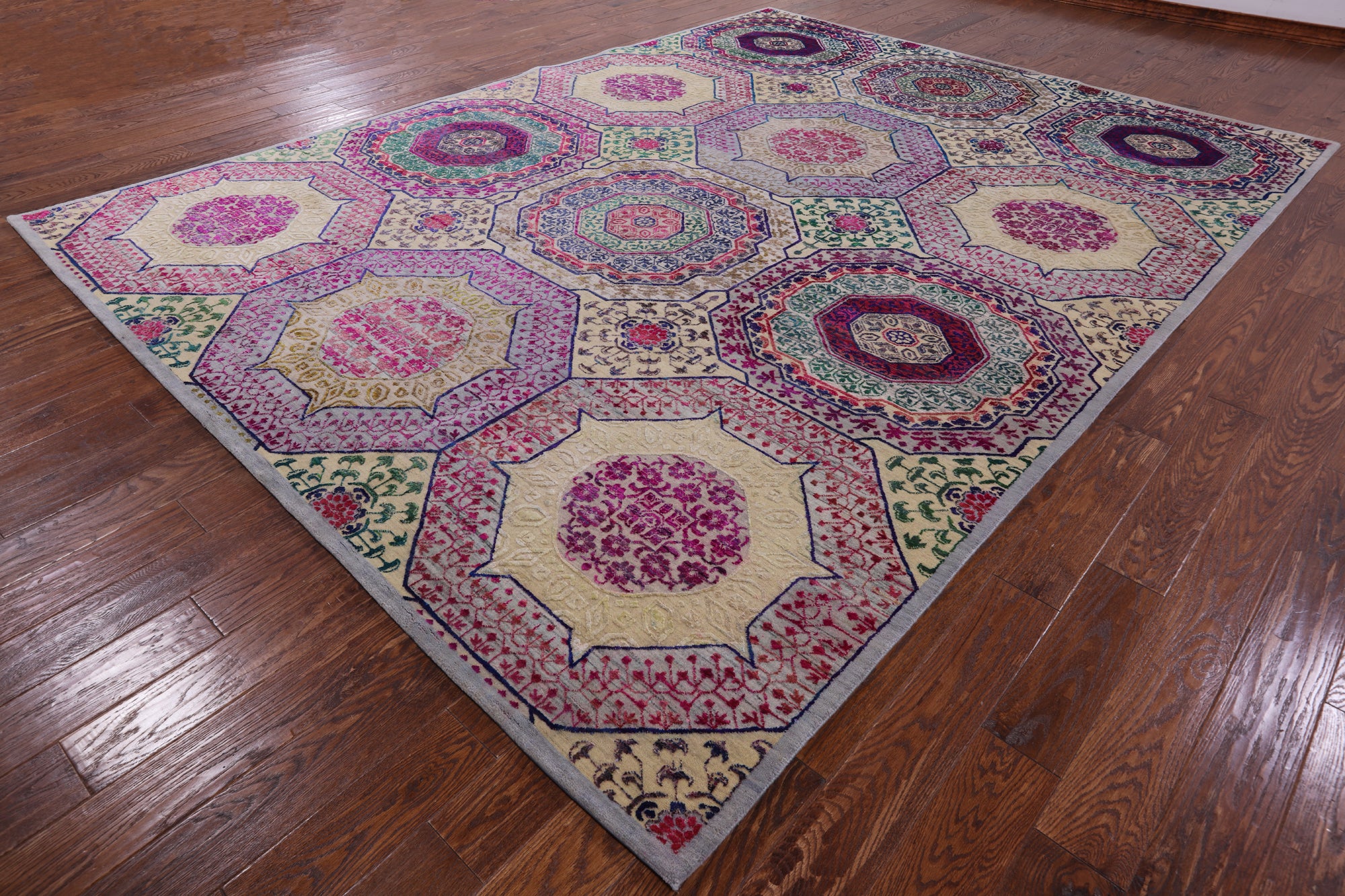 Geometric Persian Mamluk Hand Knotted Wool & Silk Rug - 8' 11" X 11' 11" - Golden Nile