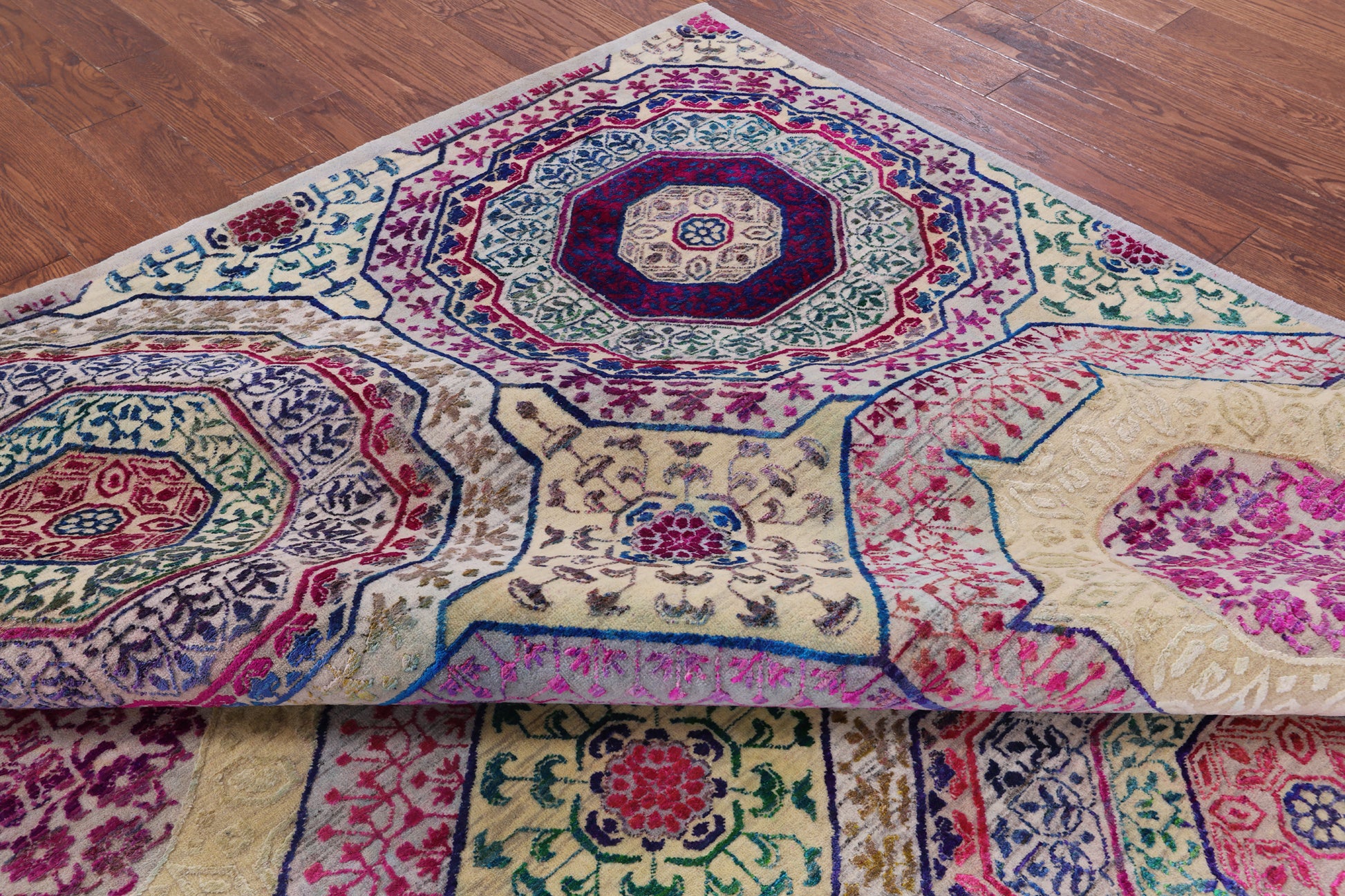 Geometric Persian Mamluk Hand Knotted Wool & Silk Rug - 8' 11" X 11' 11" - Golden Nile