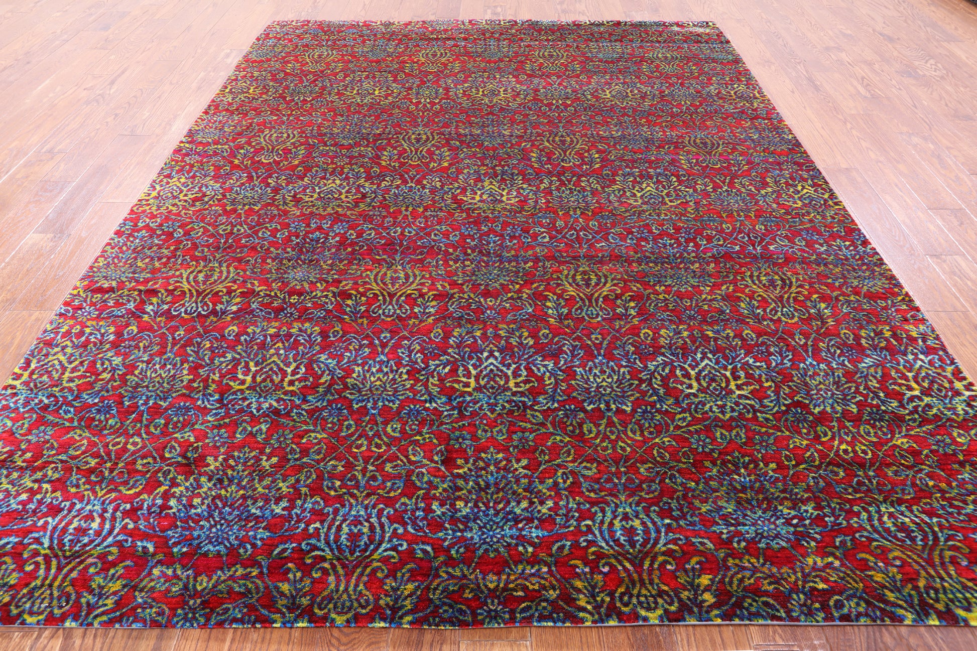 Red Persian Hand Knotted 100% Silk Rug - 7' 10" X 9' 8" - Golden Nile