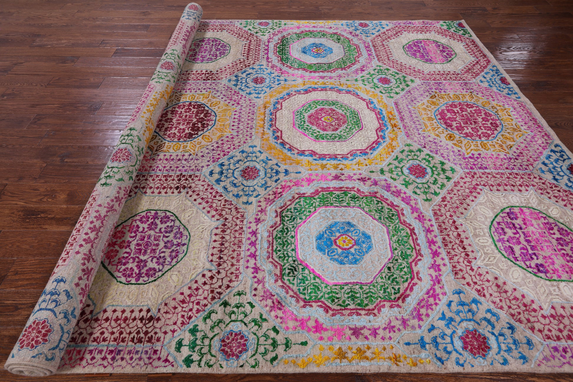 Geometric Persian Mamluk Hand Knotted Wool & Silk Rug - 8' 2" X 10' 2" - Golden Nile
