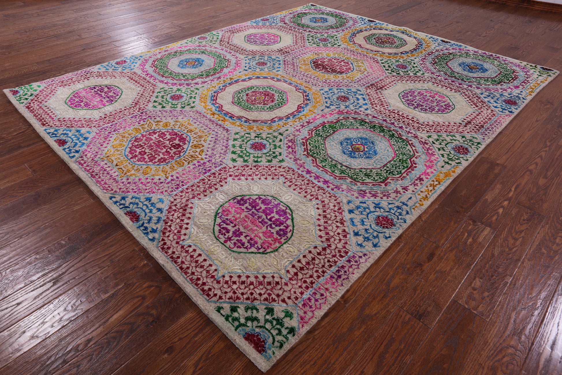 Geometric Persian Mamluk Hand Knotted Wool & Silk Rug - 8' 2" X 10' 2" - Golden Nile