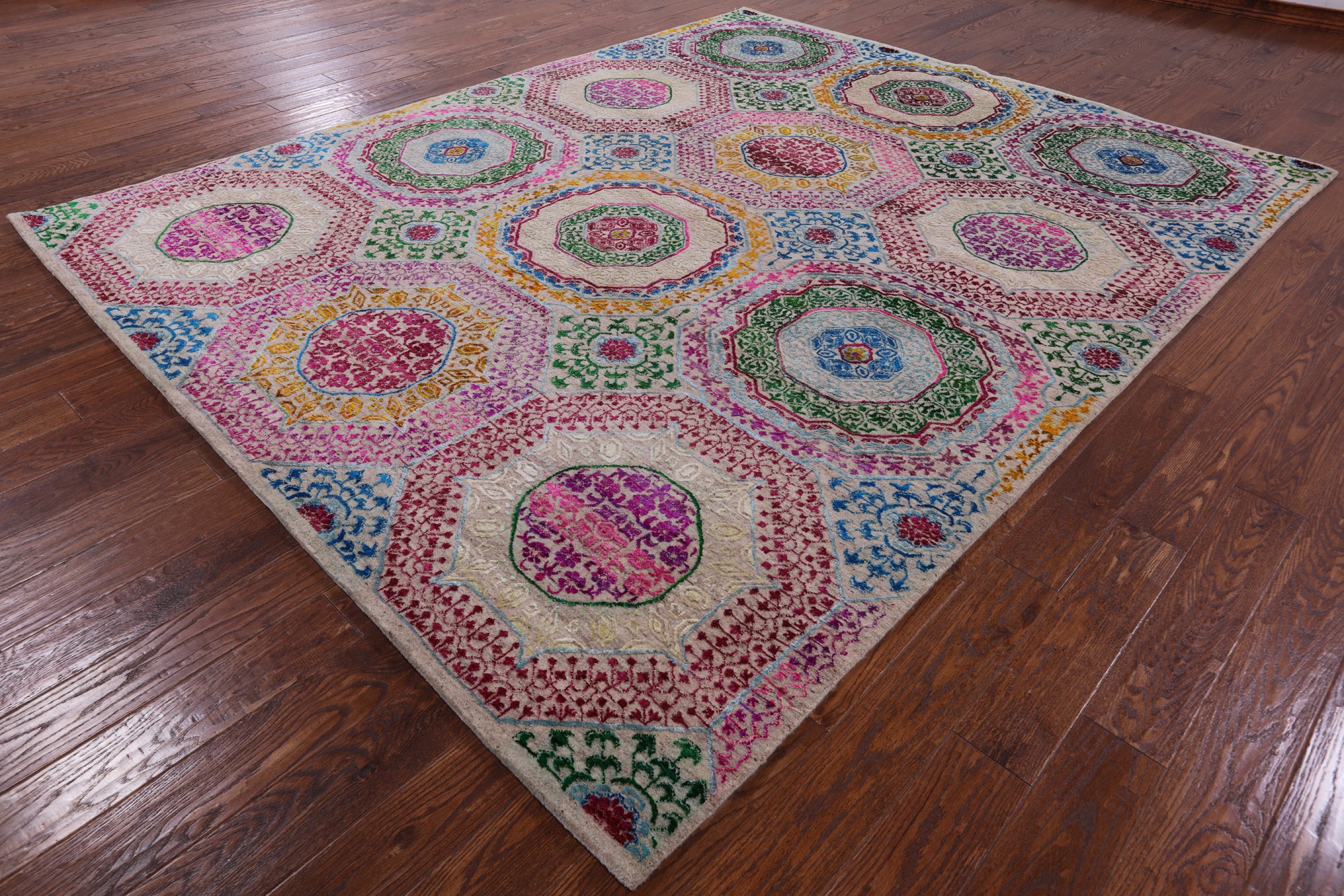 Geometric Persian Mamluk Hand Knotted Wool & Silk Rug - 8' 2" X 10' 2" - Golden Nile