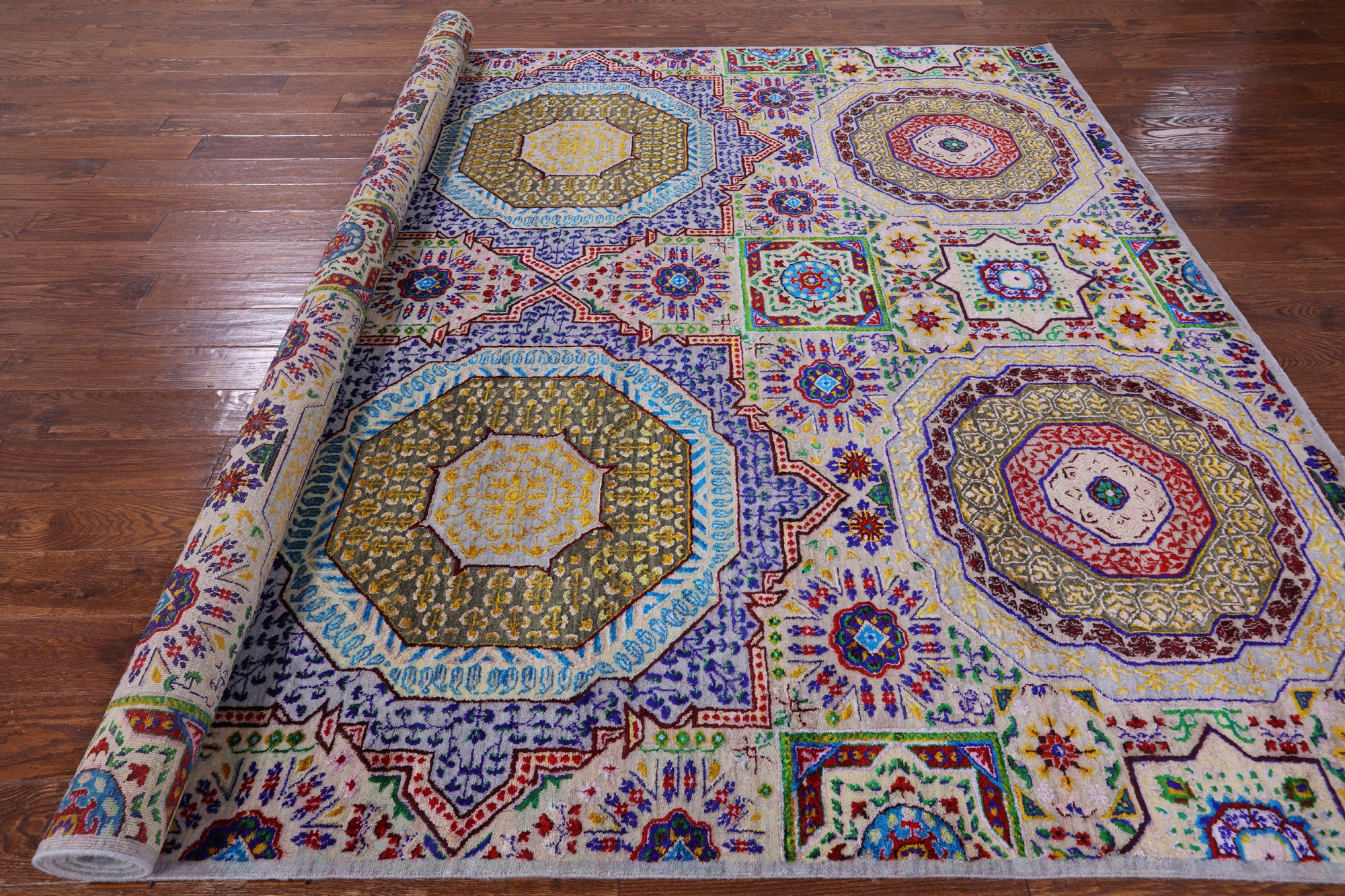 Geometric Persian Mamluk Hand Knotted Wool & Silk Rug - 8' 1" X 9' 11" - Golden Nile