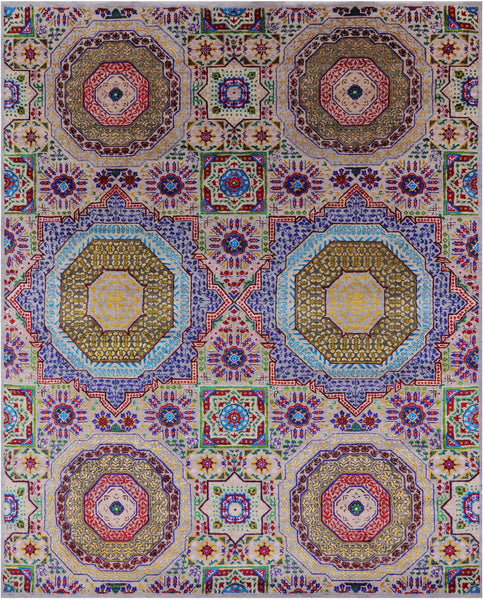 Geometric Persian Mamluk Hand Knotted Wool & Silk Rug - 8' 1" X 9' 11" - Golden Nile