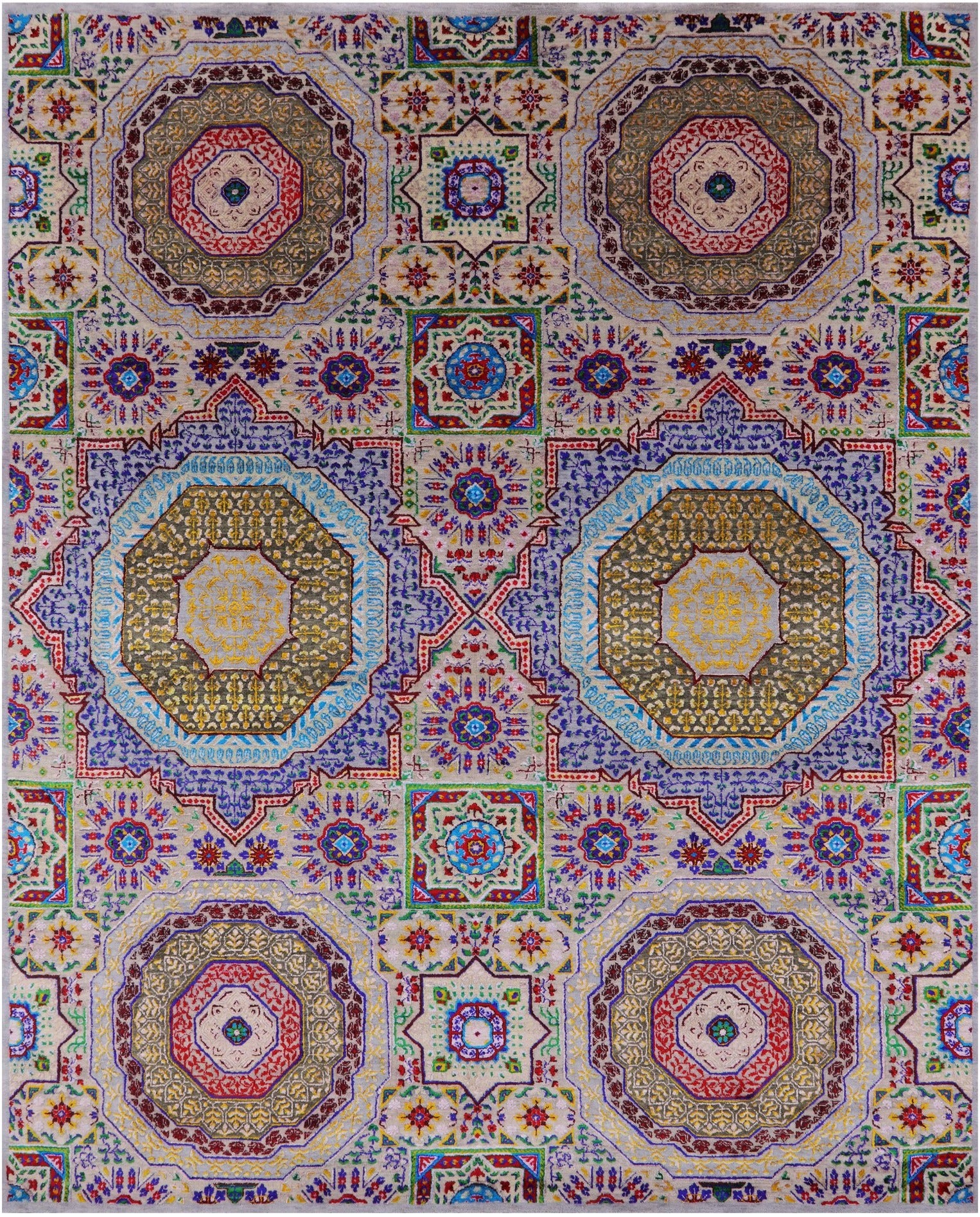 Geometric Persian Mamluk Hand Knotted Wool & Silk Rug - 8' 1" X 9' 11" - Golden Nile