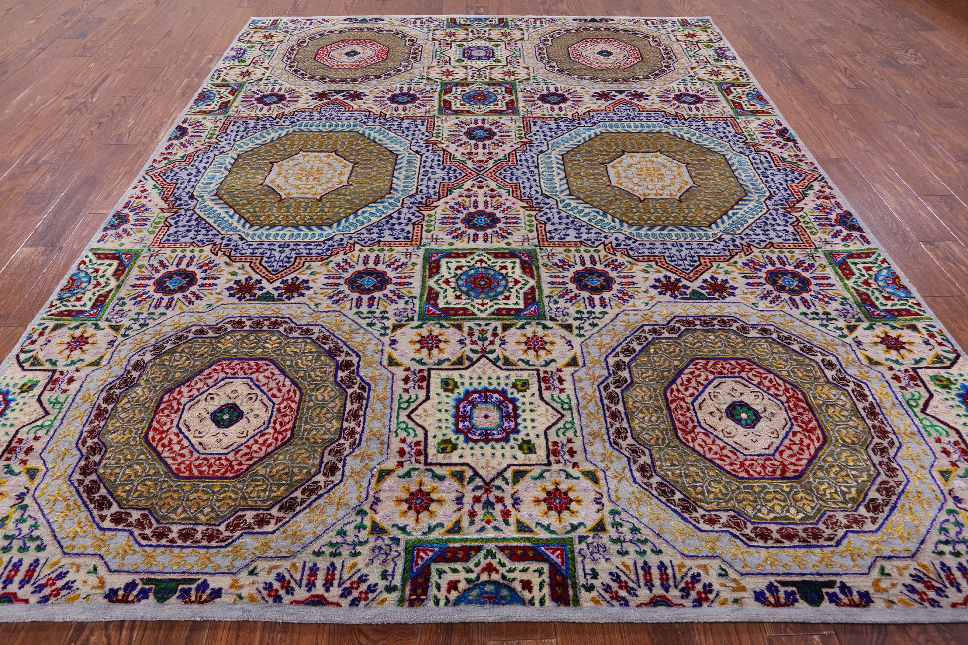 Geometric Persian Mamluk Hand Knotted Wool & Silk Rug - 8' 1" X 9' 11" - Golden Nile