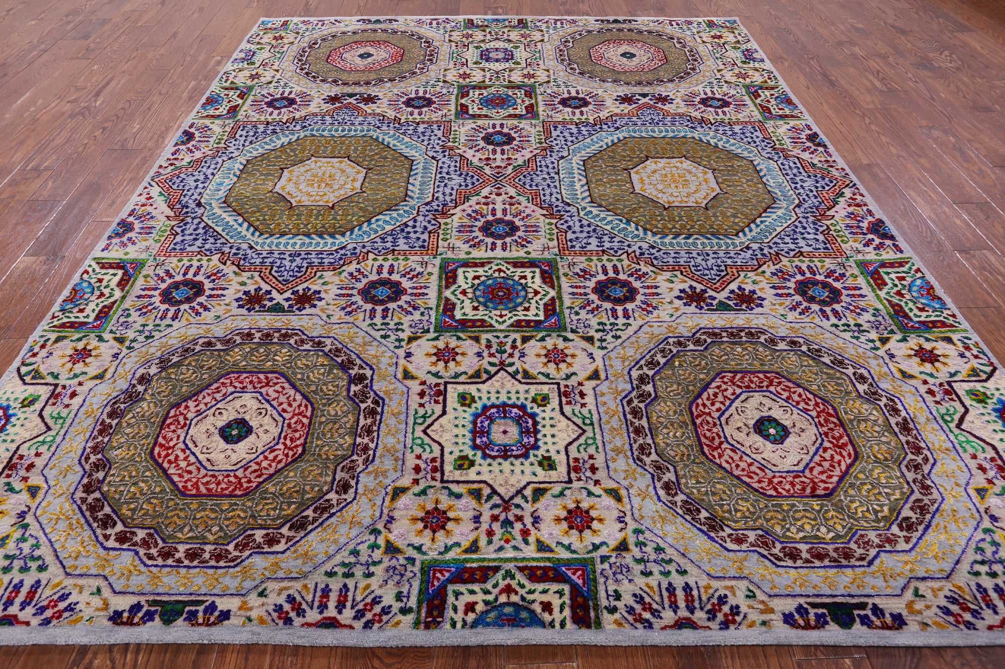 Geometric Persian Mamluk Hand Knotted Wool & Silk Rug - 8' 1" X 9' 11" - Golden Nile