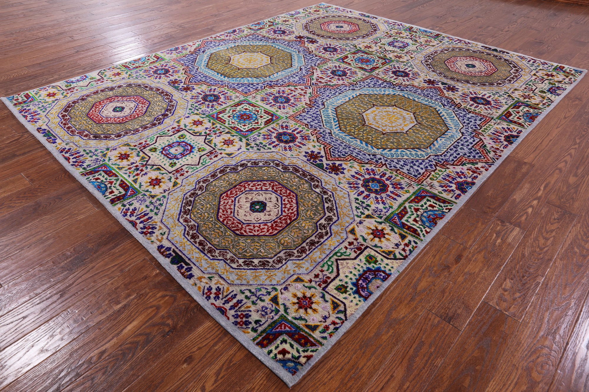 Geometric Persian Mamluk Hand Knotted Wool & Silk Rug - 8' 1" X 9' 11" - Golden Nile