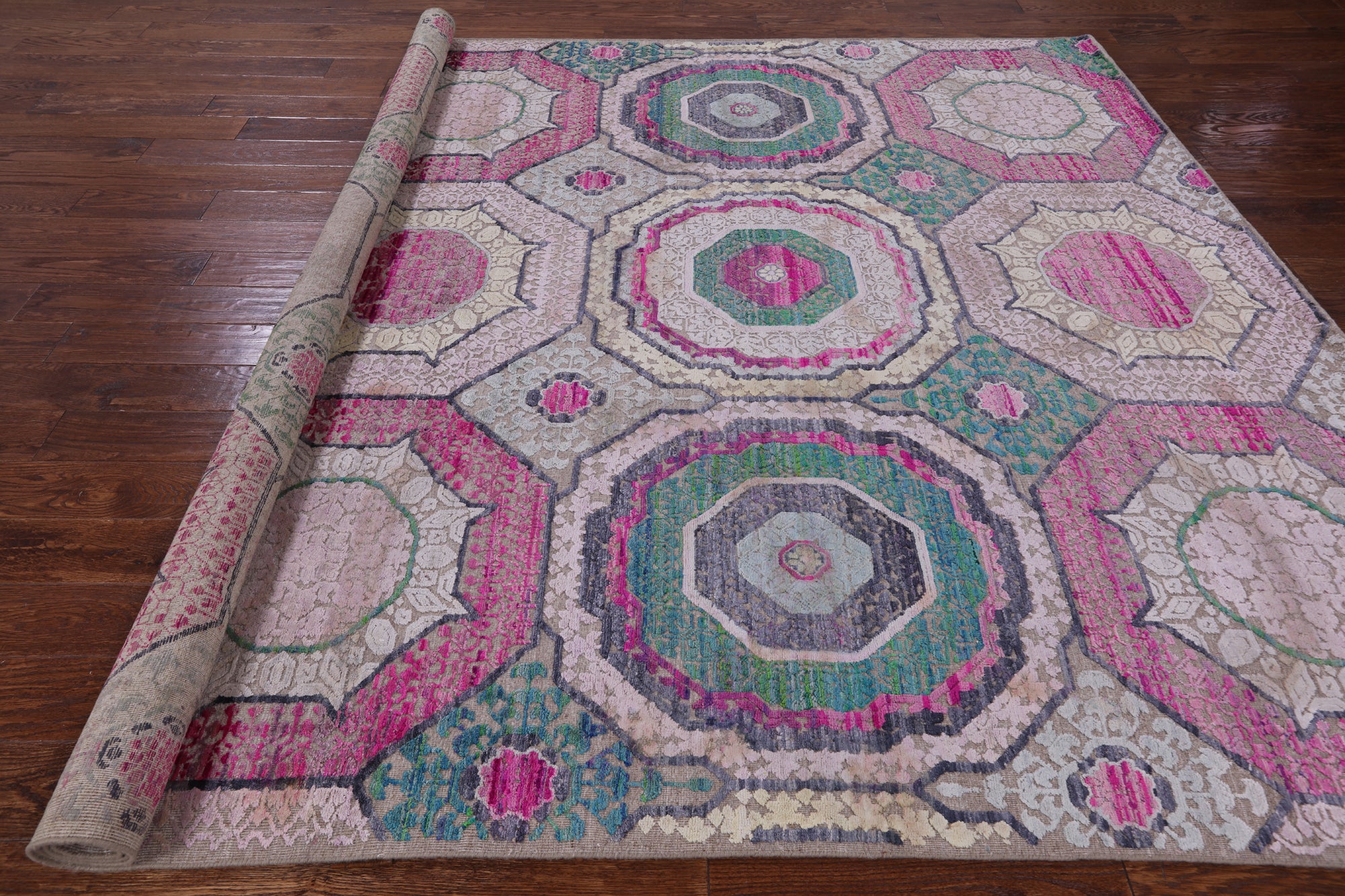 Geometric Persian Mamluk Handmade Wool & Silk Rug - 8' 1" X 10' 1" - Golden Nile