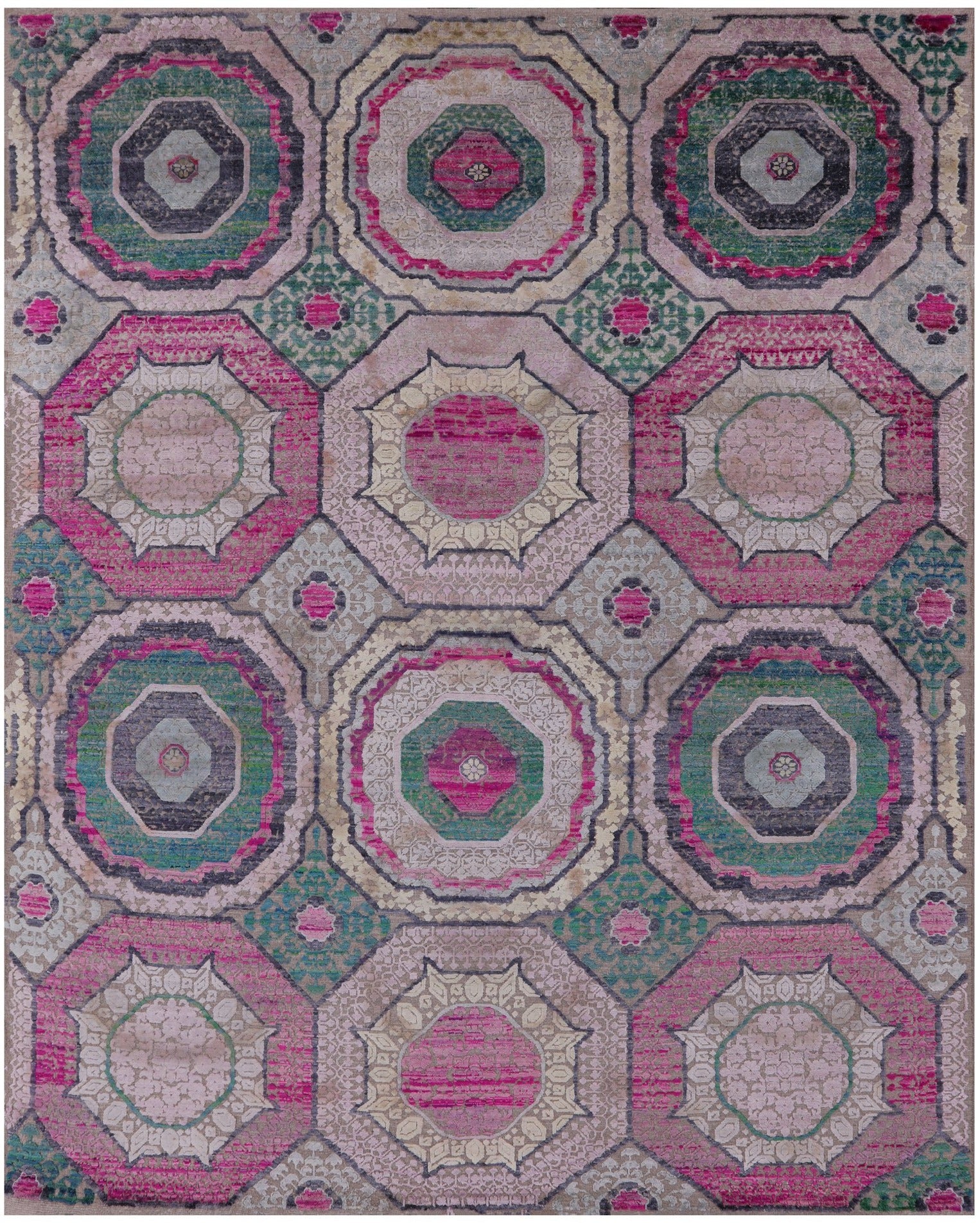Geometric Persian Mamluk Handmade Wool & Silk Rug - 8' 1" X 10' 1" - Golden Nile
