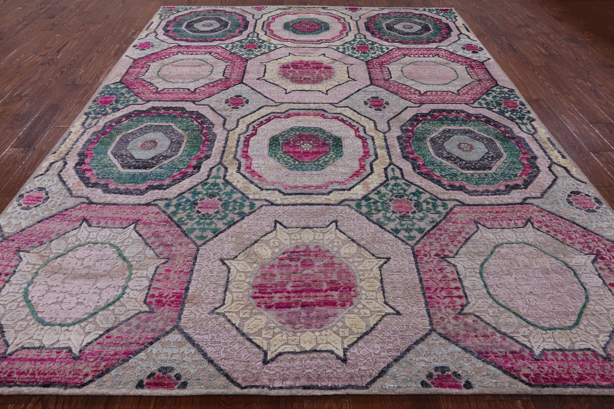 Geometric Persian Mamluk Handmade Wool & Silk Rug - 8' 1" X 10' 1" - Golden Nile