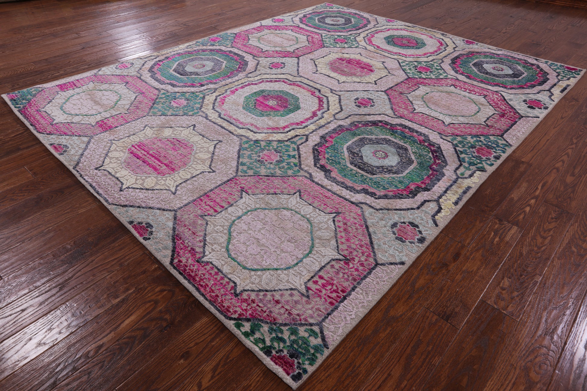 Geometric Persian Mamluk Handmade Wool & Silk Rug - 8' 1" X 10' 1" - Golden Nile