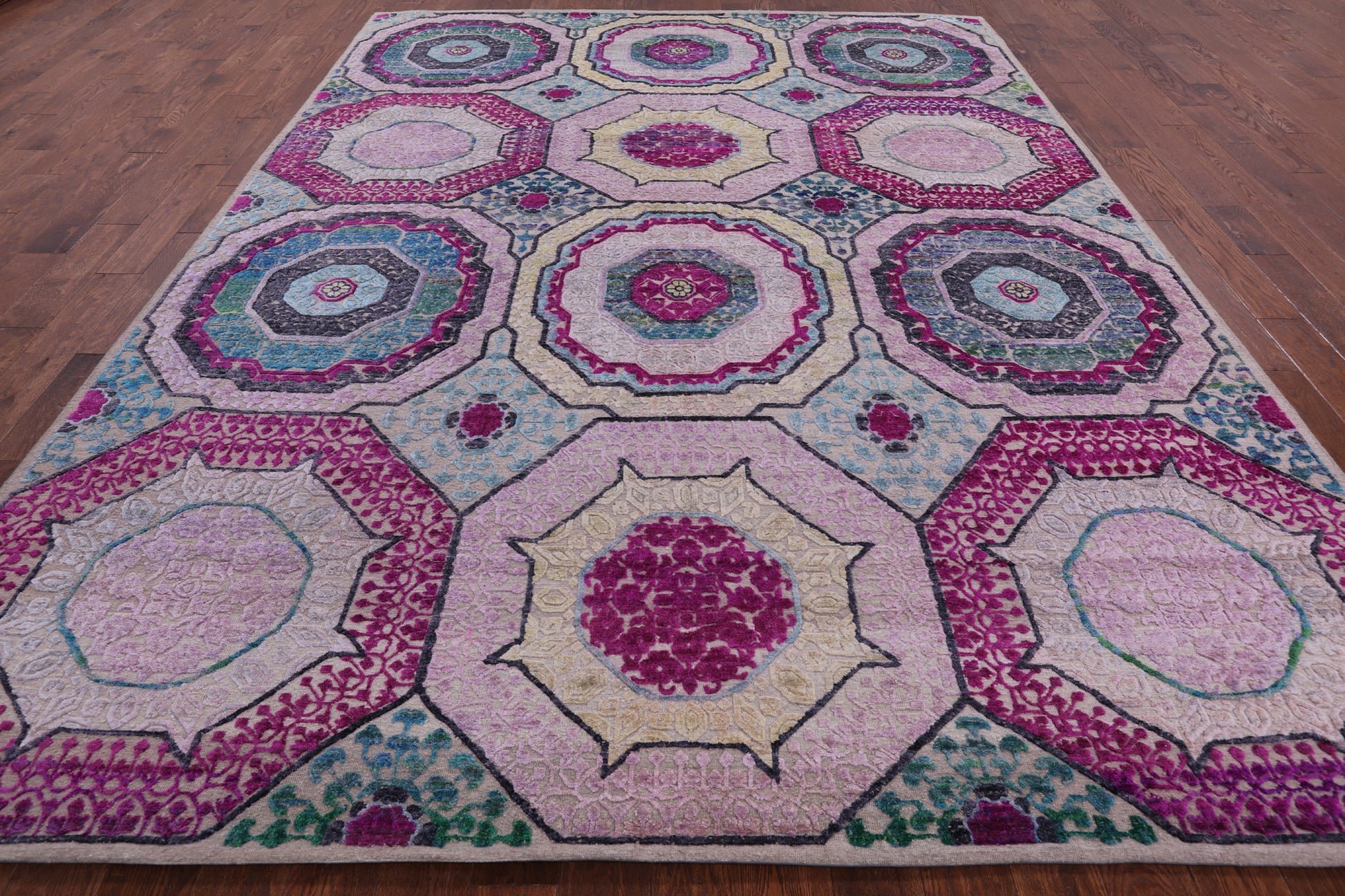 Geometric Persian Mamluk Handmade Wool & Silk Rug - 9' 0" X 12' 0" - Golden Nile