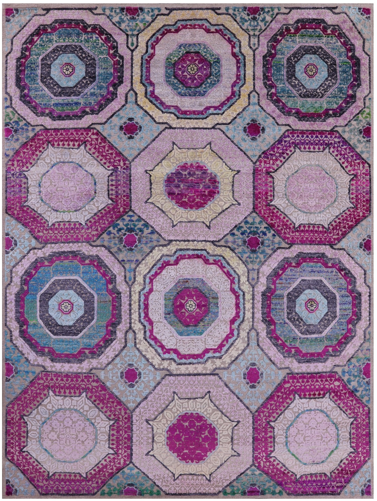 Geometric Persian Mamluk Handmade Wool & Silk Rug - 9' 0" X 12' 0" - Golden Nile
