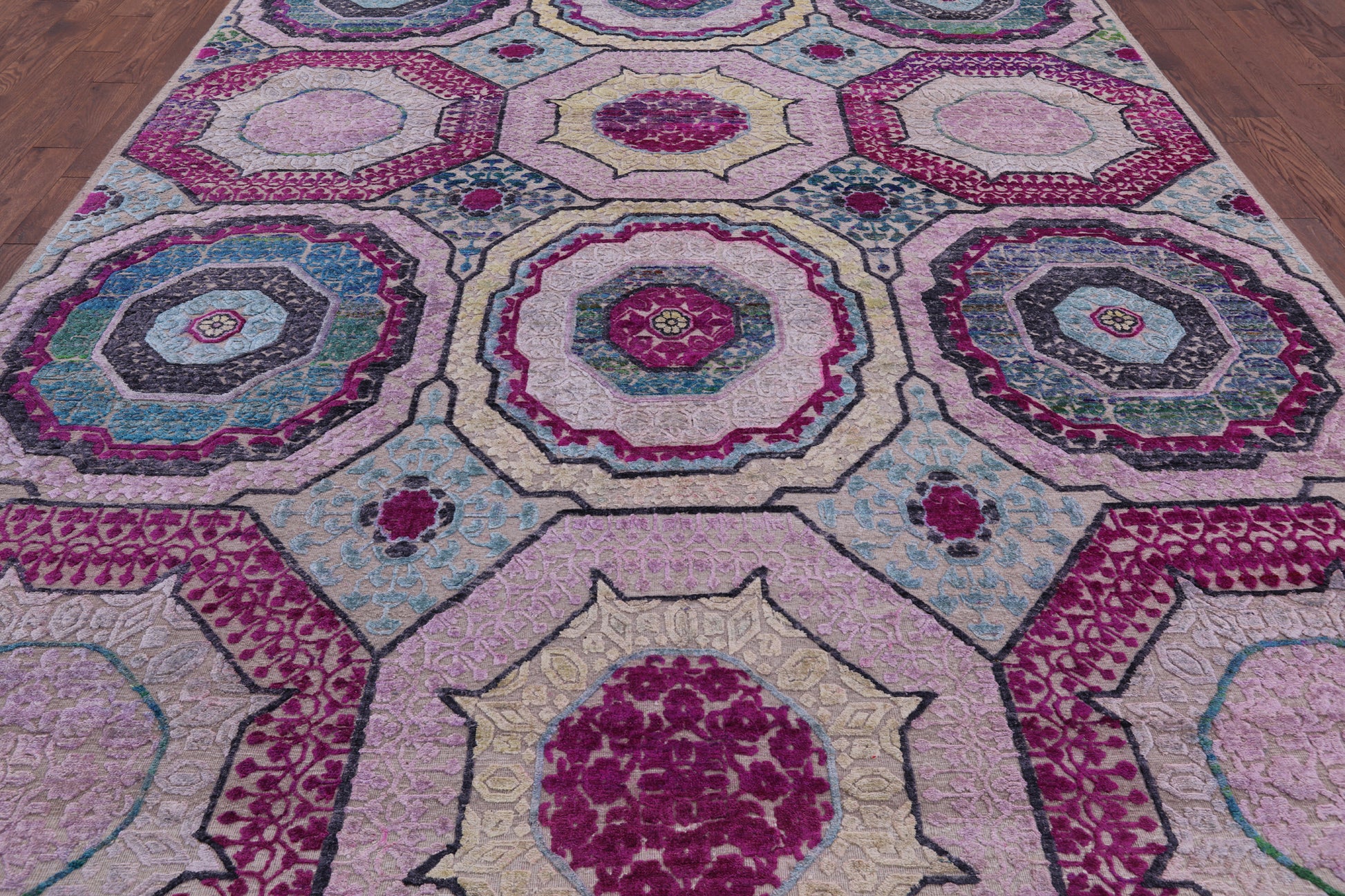 Geometric Persian Mamluk Handmade Wool & Silk Rug - 9' 0" X 12' 0" - Golden Nile