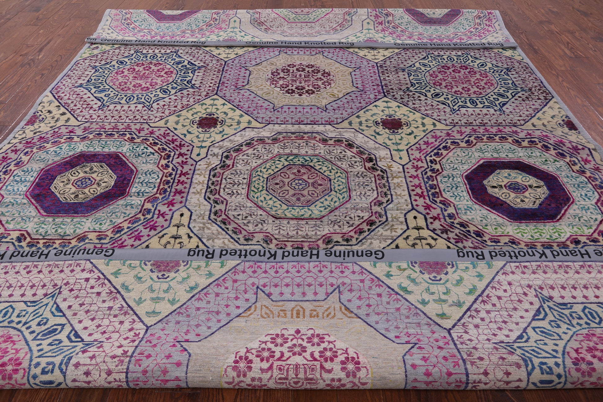 Geometric Persian Mamluk Hand Knotted Wool & Silk Rug - 9' 0" X 11' 9" - Golden Nile