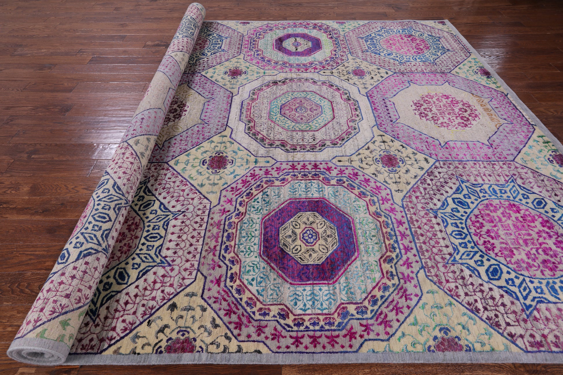 Geometric Persian Mamluk Hand Knotted Wool & Silk Rug - 9' 0" X 11' 9" - Golden Nile