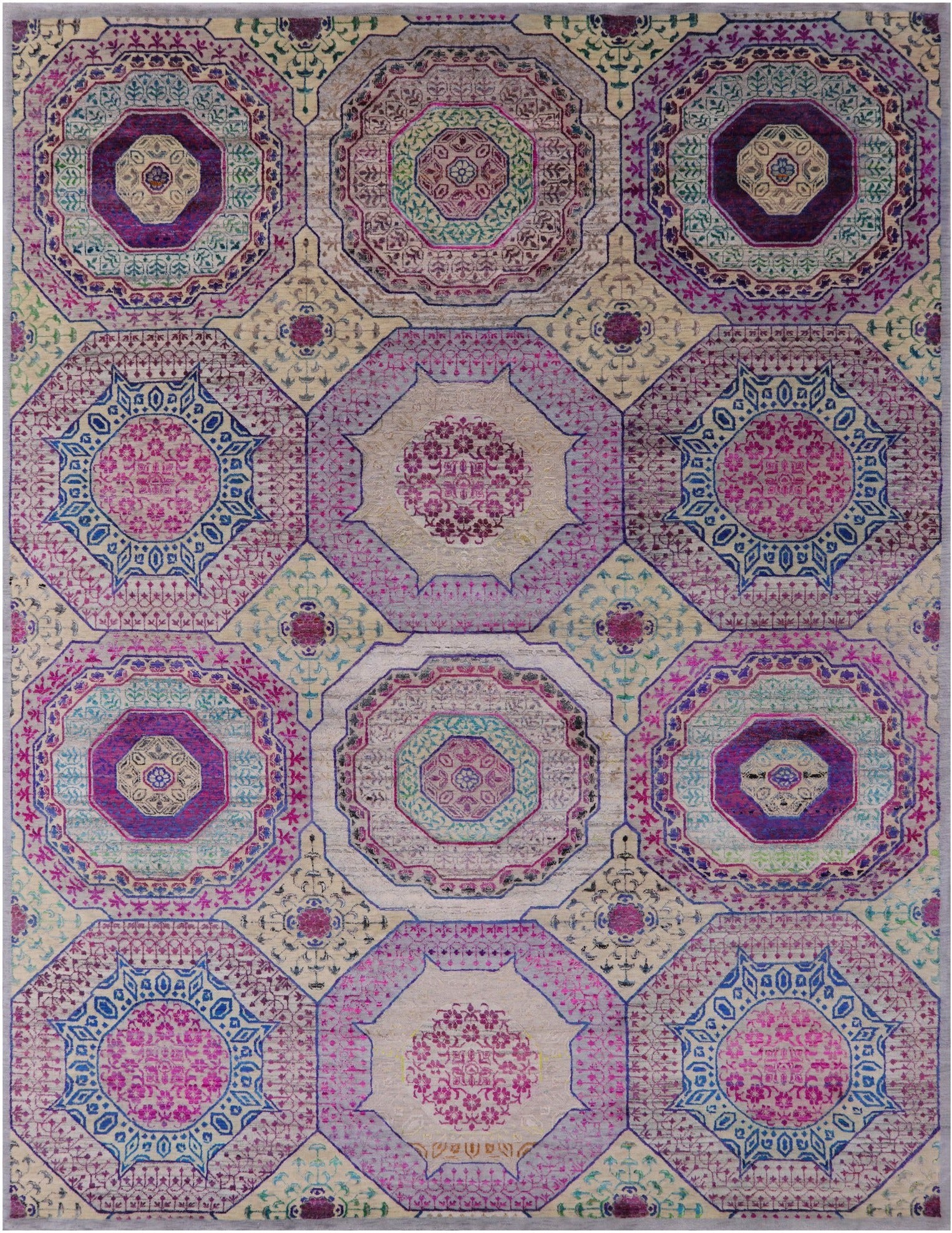 Geometric Persian Mamluk Hand Knotted Wool & Silk Rug - 9' 0" X 11' 9" - Golden Nile