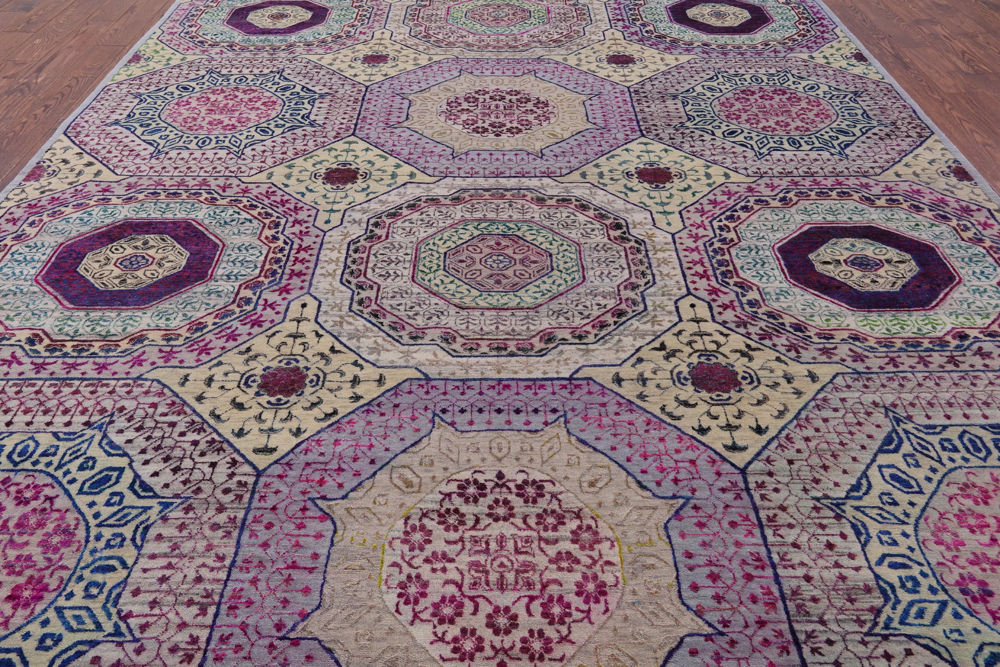 Geometric Persian Mamluk Hand Knotted Wool & Silk Rug - 9' 0" X 11' 9" - Golden Nile