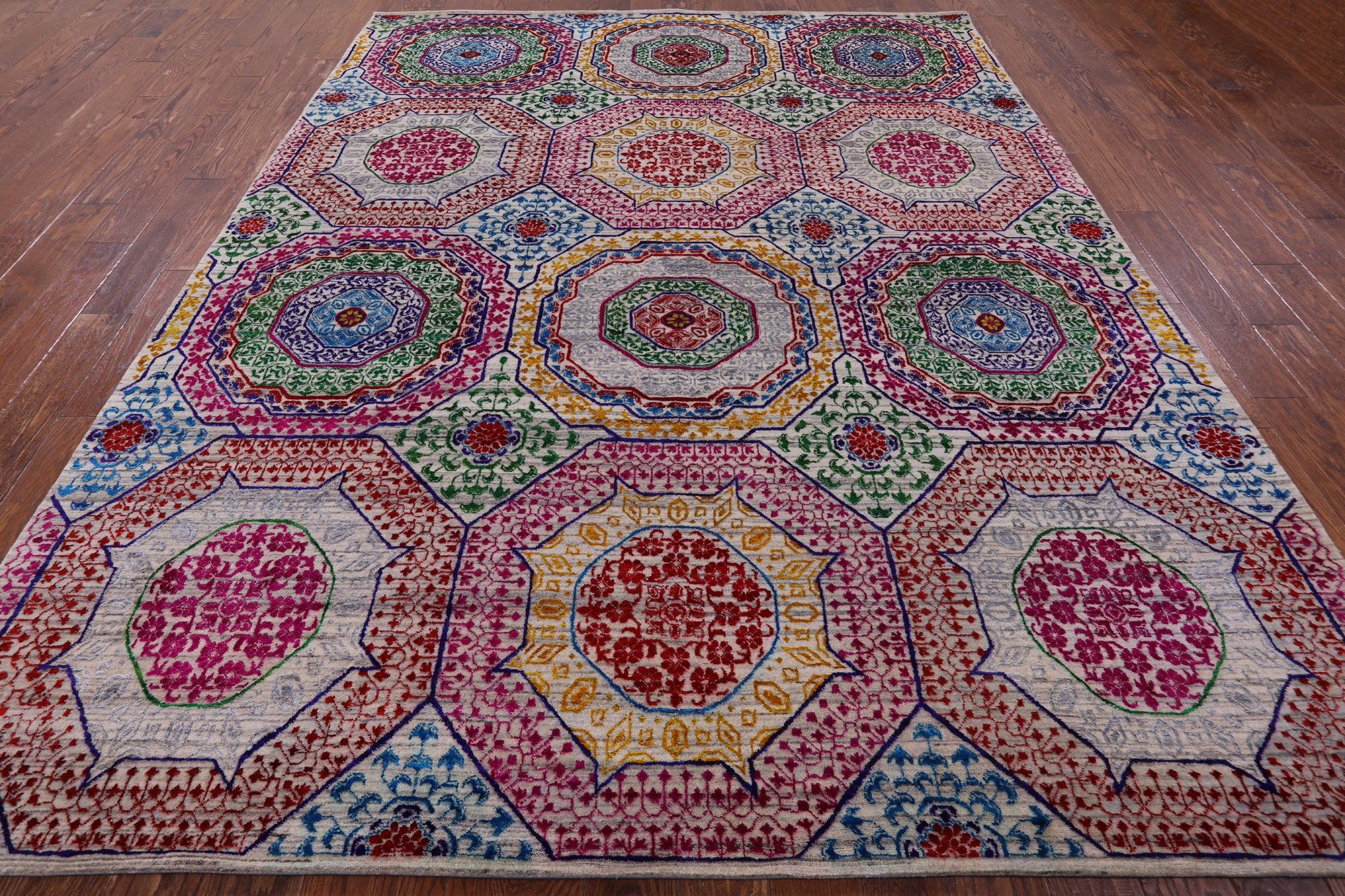 Geometric Persian Mamluk Hand Knotted Wool & Silk Rug - 8' 0" X 10' 2" - Golden Nile