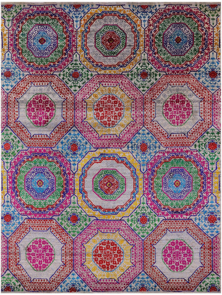 Geometric Persian Mamluk Hand Knotted Wool & Silk Rug - 8' 0" X 10' 2" - Golden Nile